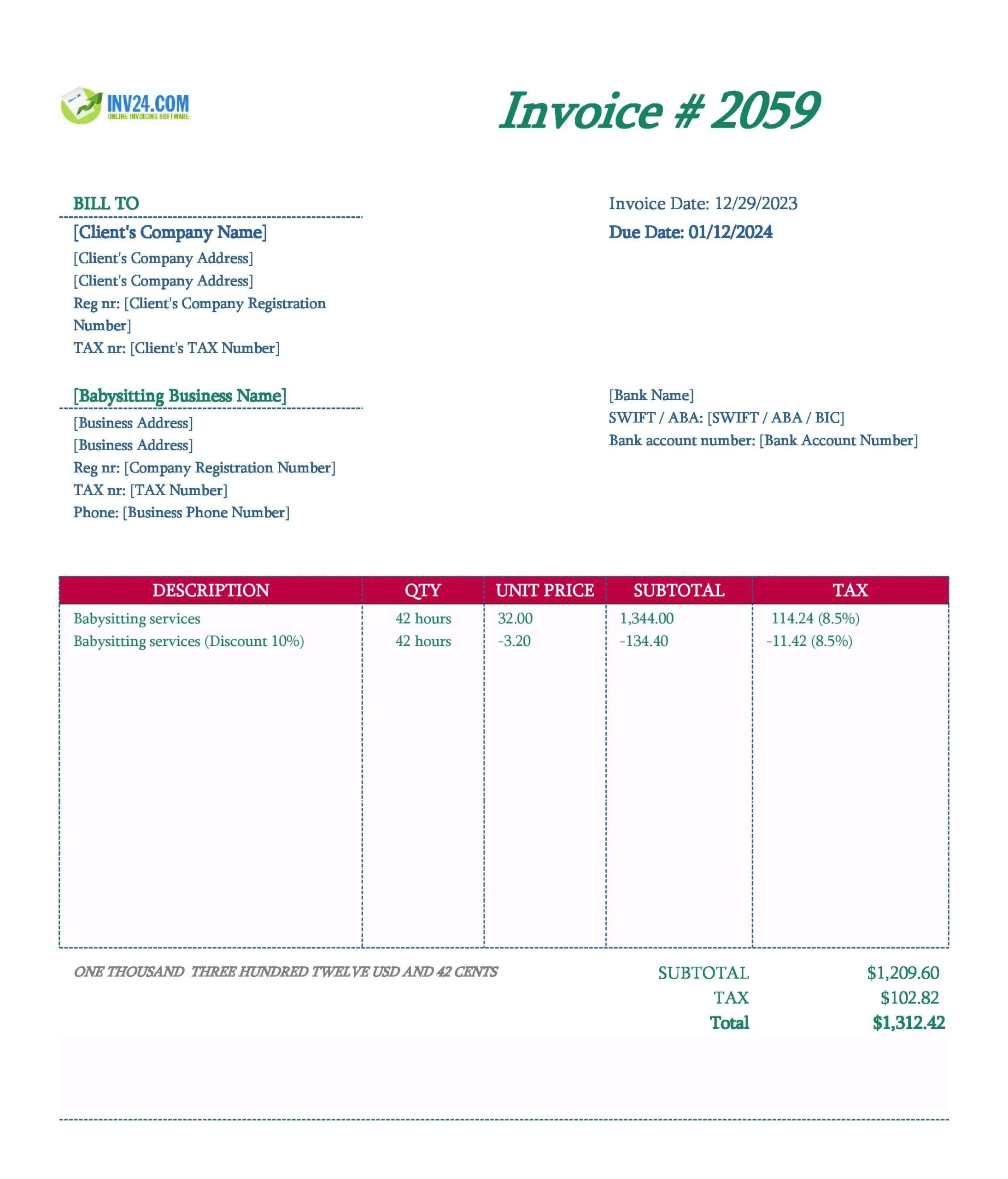 Babysitting Invoice Template Excel Google Sheets 