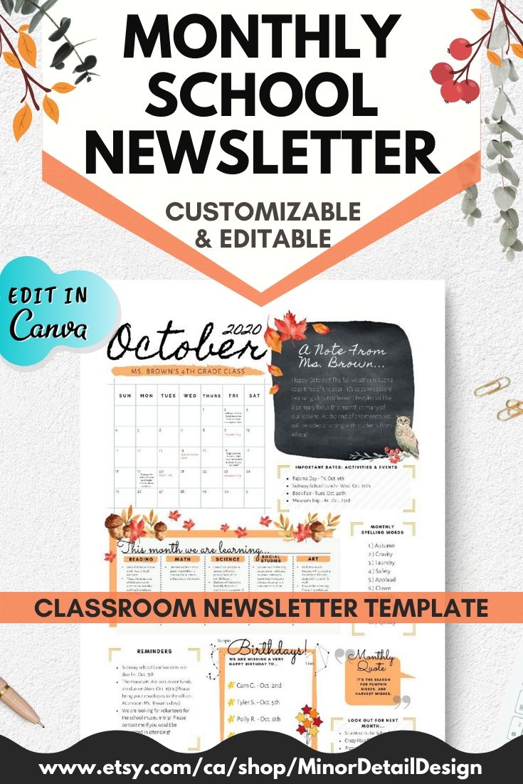 Fall School Newsletter Newsletter Printable Template Editable Class Newsletter