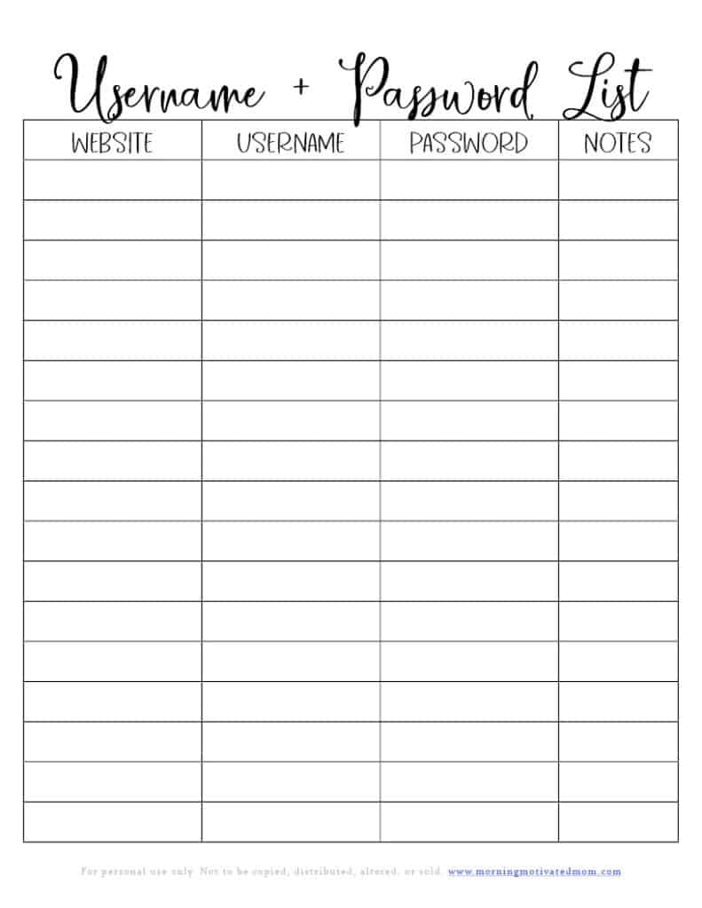 Free Password Manager Printable Templates