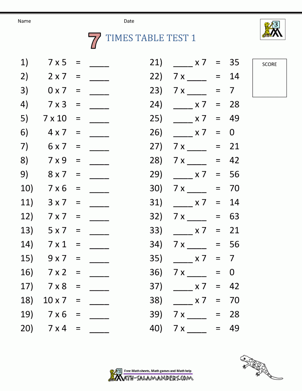 7 Times Tables Worksheets Printable