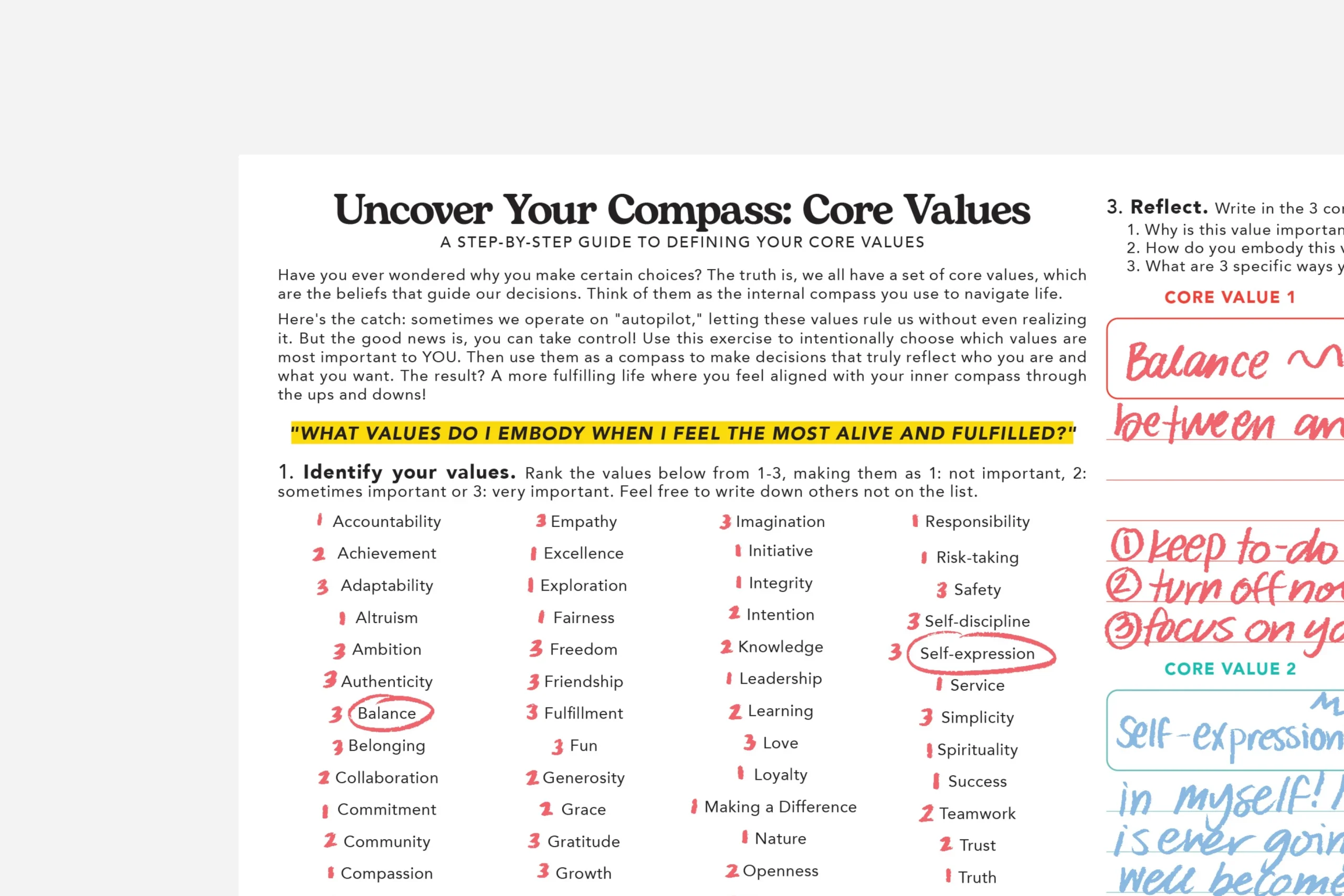 Core Values Worksheet PDF Free Printable Passion Planner