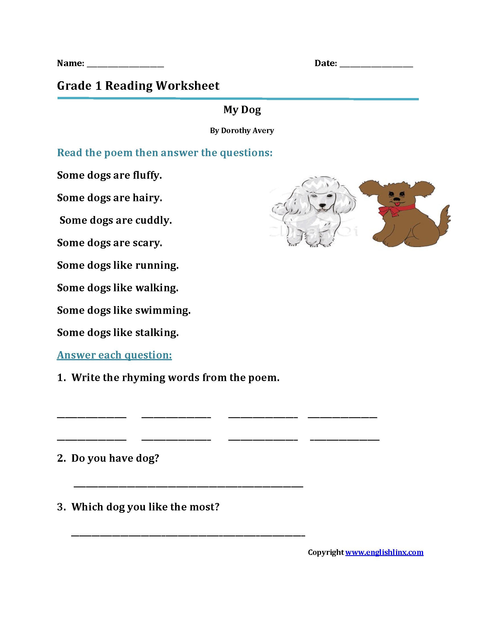 Free Printable First Grade Reading Worksheets