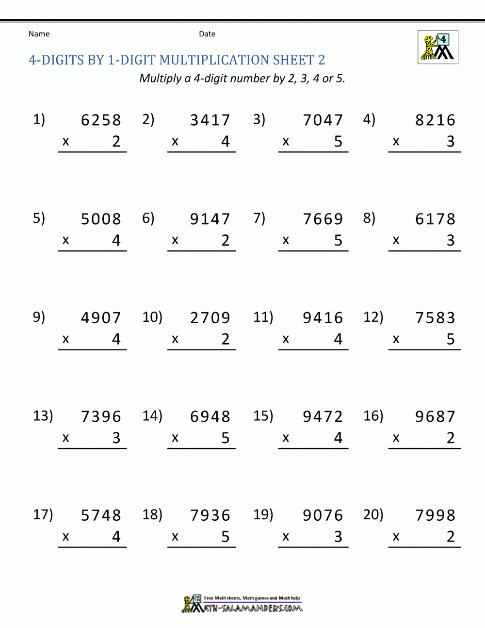 Free Printable Multiplication Worksheets Grade 4