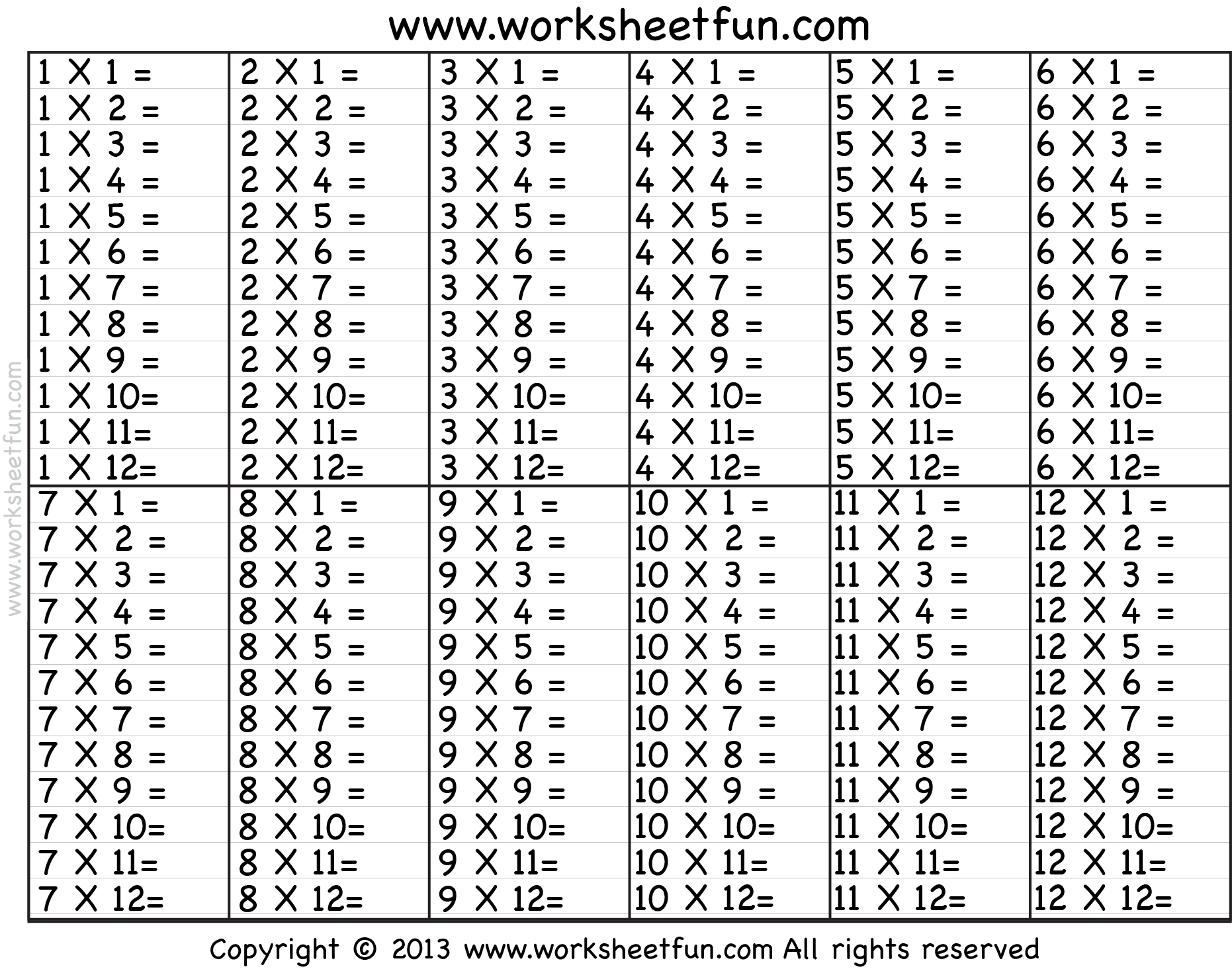 Multiplication Table Free Printable Worksheets