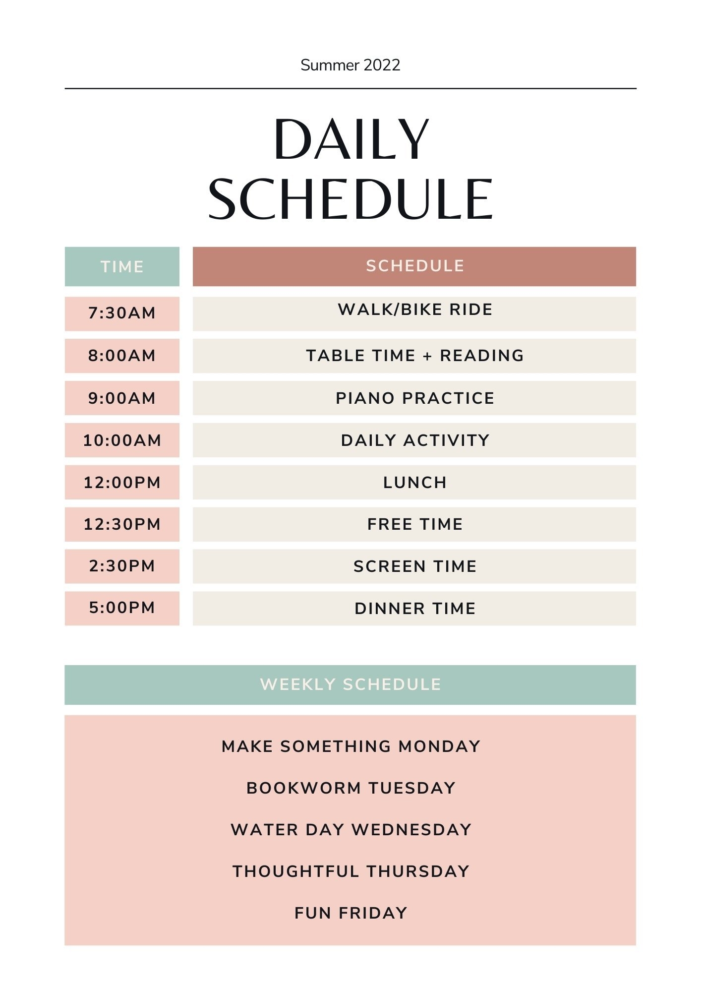Printable Summer Daily Schedule Template