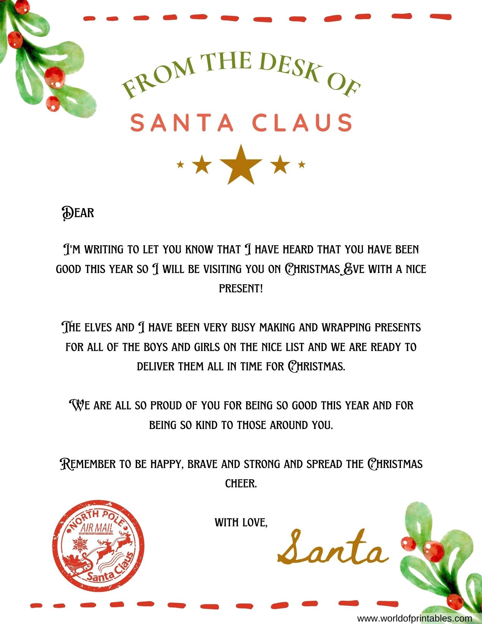 Letter From Santa Free Printable Template