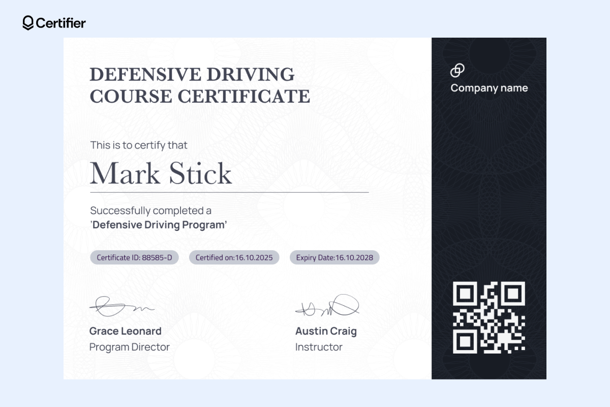 Printable Defensive Driving Certificate Template