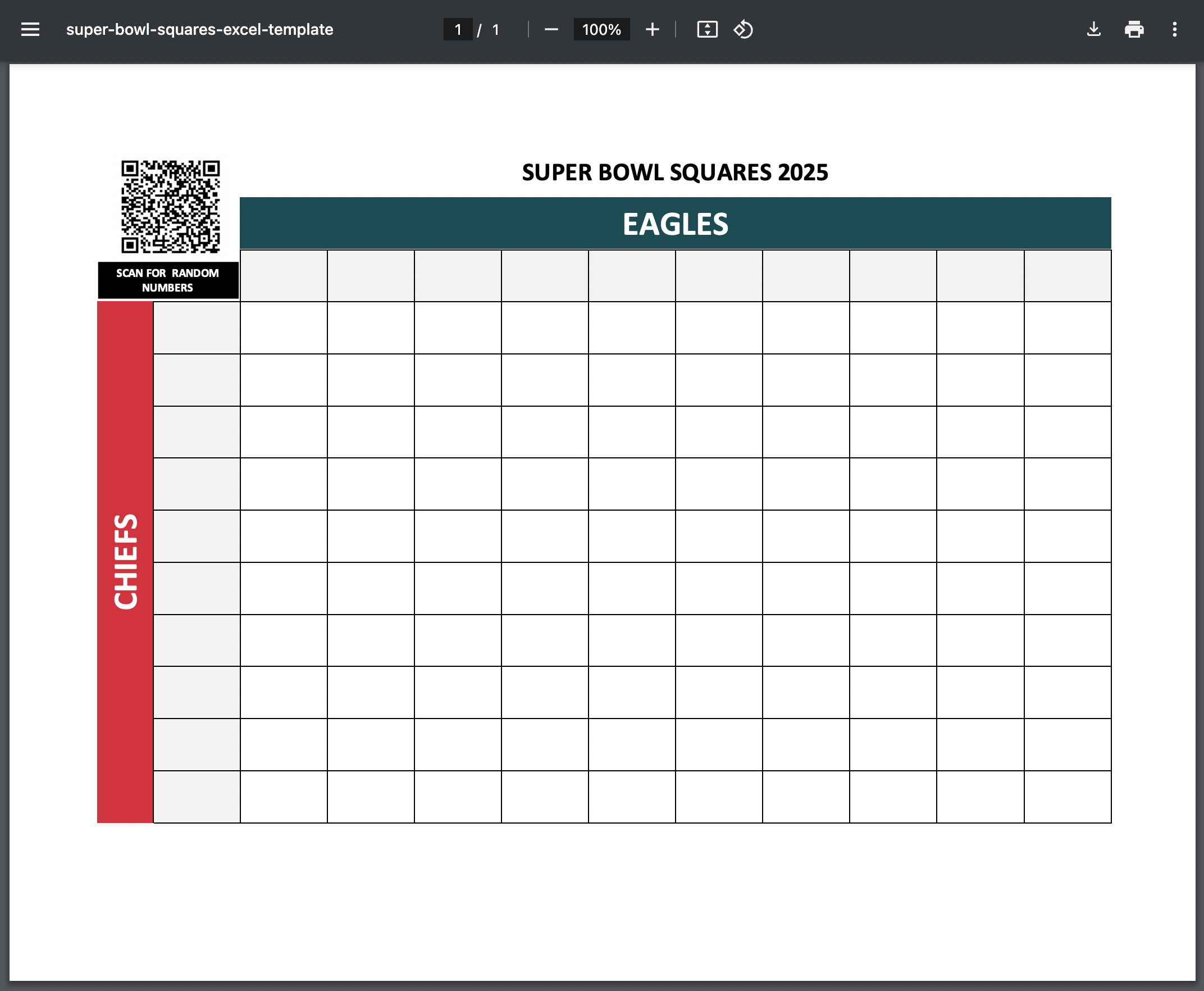 2025 Free Printable Super Bowl Squares Template