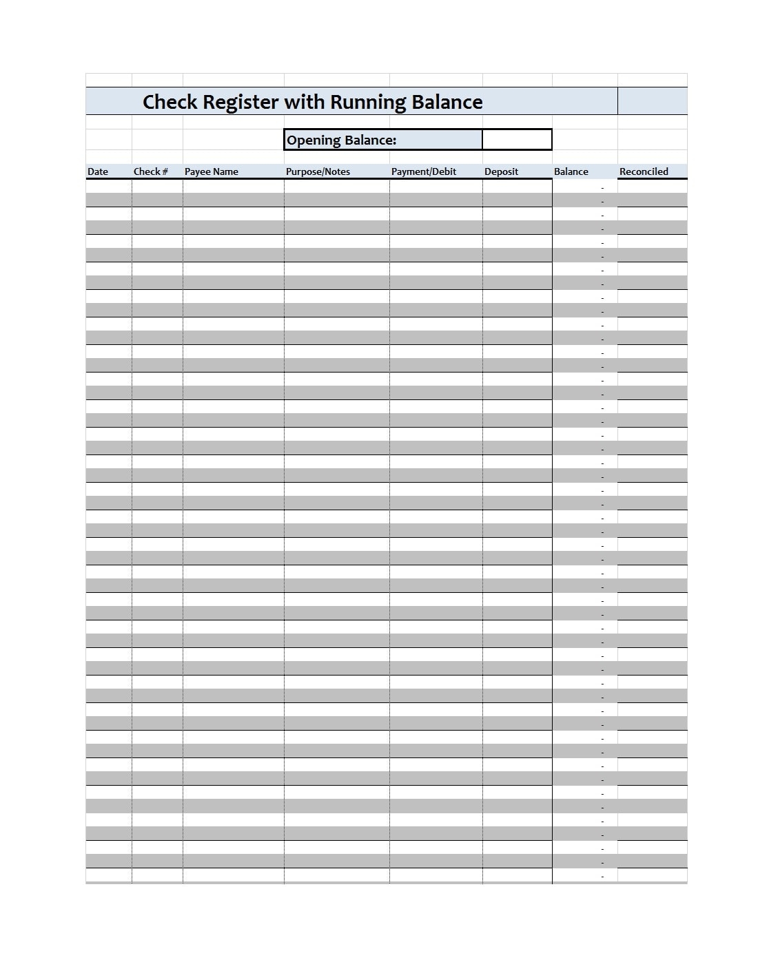 Check Register Template Free Printable