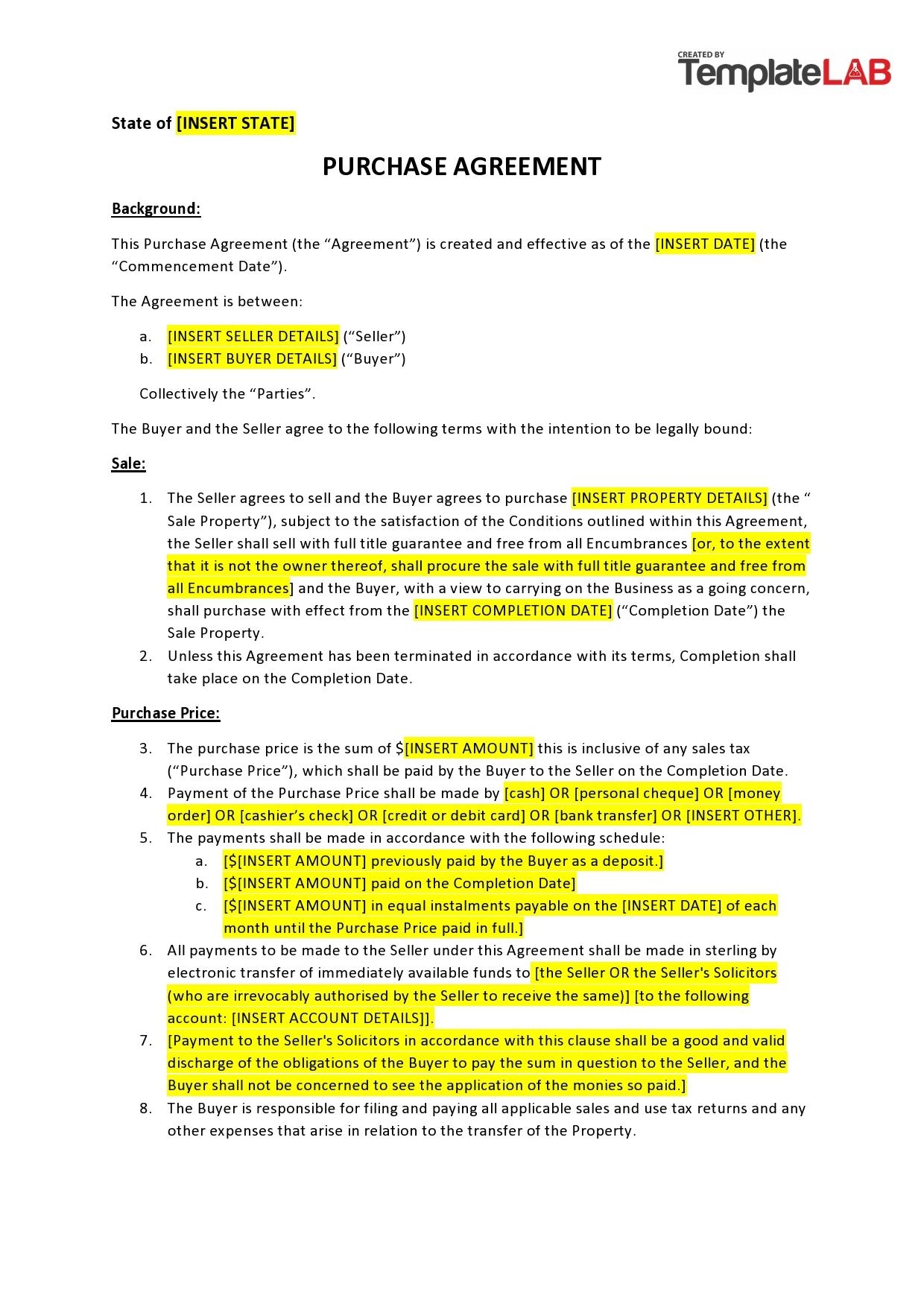 Printable Simple Purchase Agreement Template Word