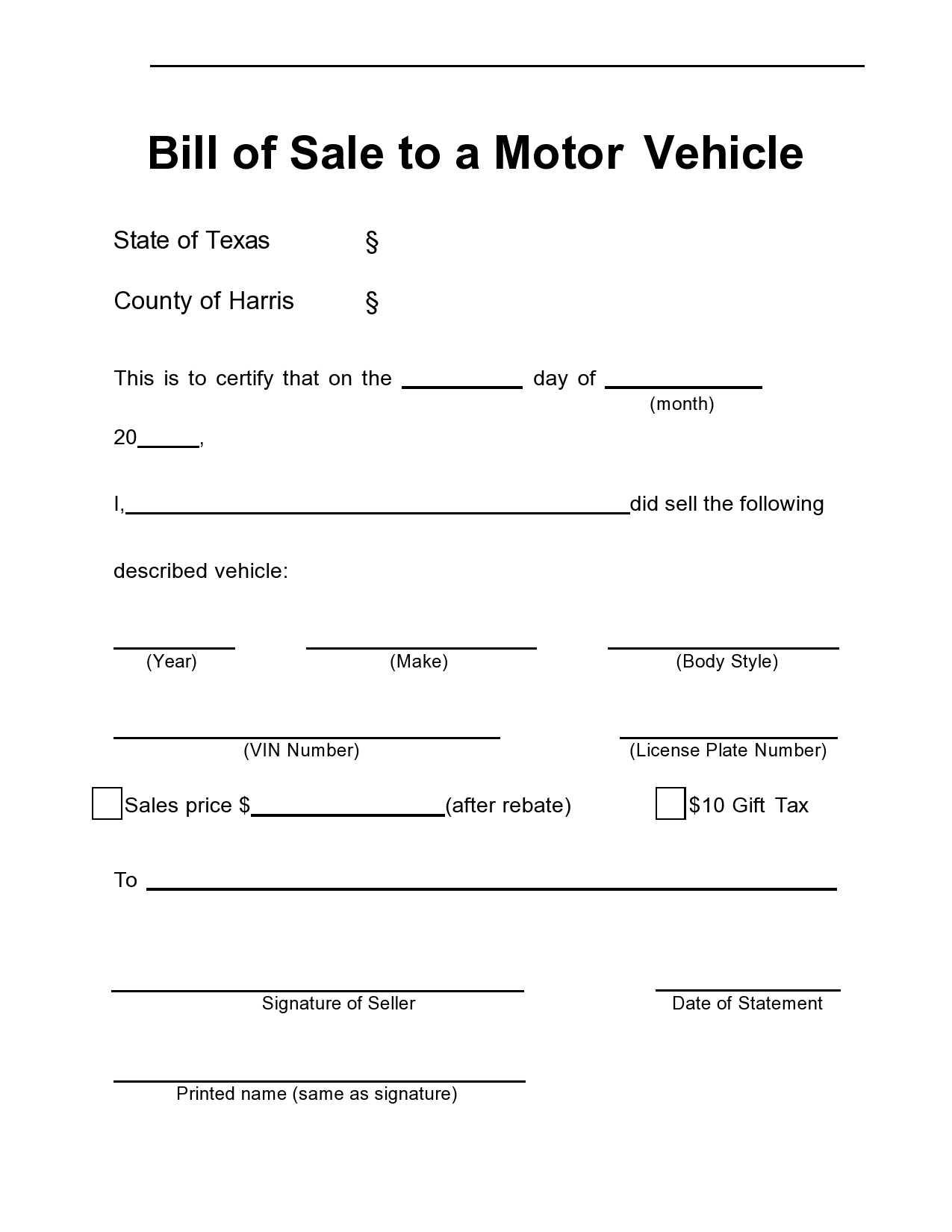 Printable Car Bill Of Sale Template