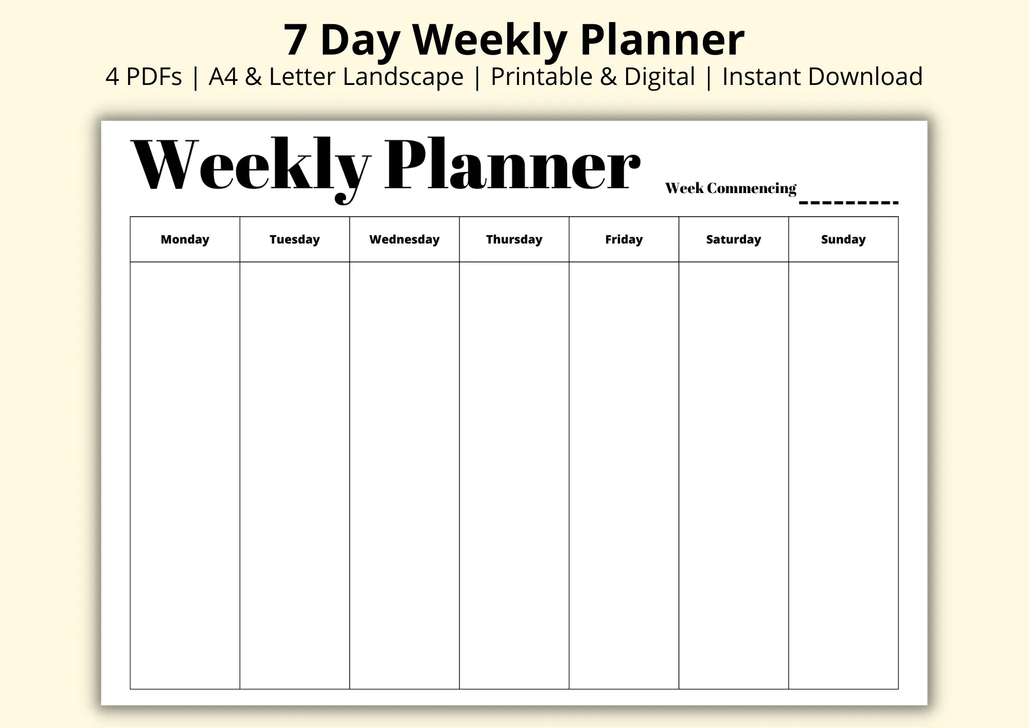 7 Day Weekly Planner Simple Weekly Overview Week At A Glance Weekly To Do List Landscape horizontal Digital printable A4 letter Etsy