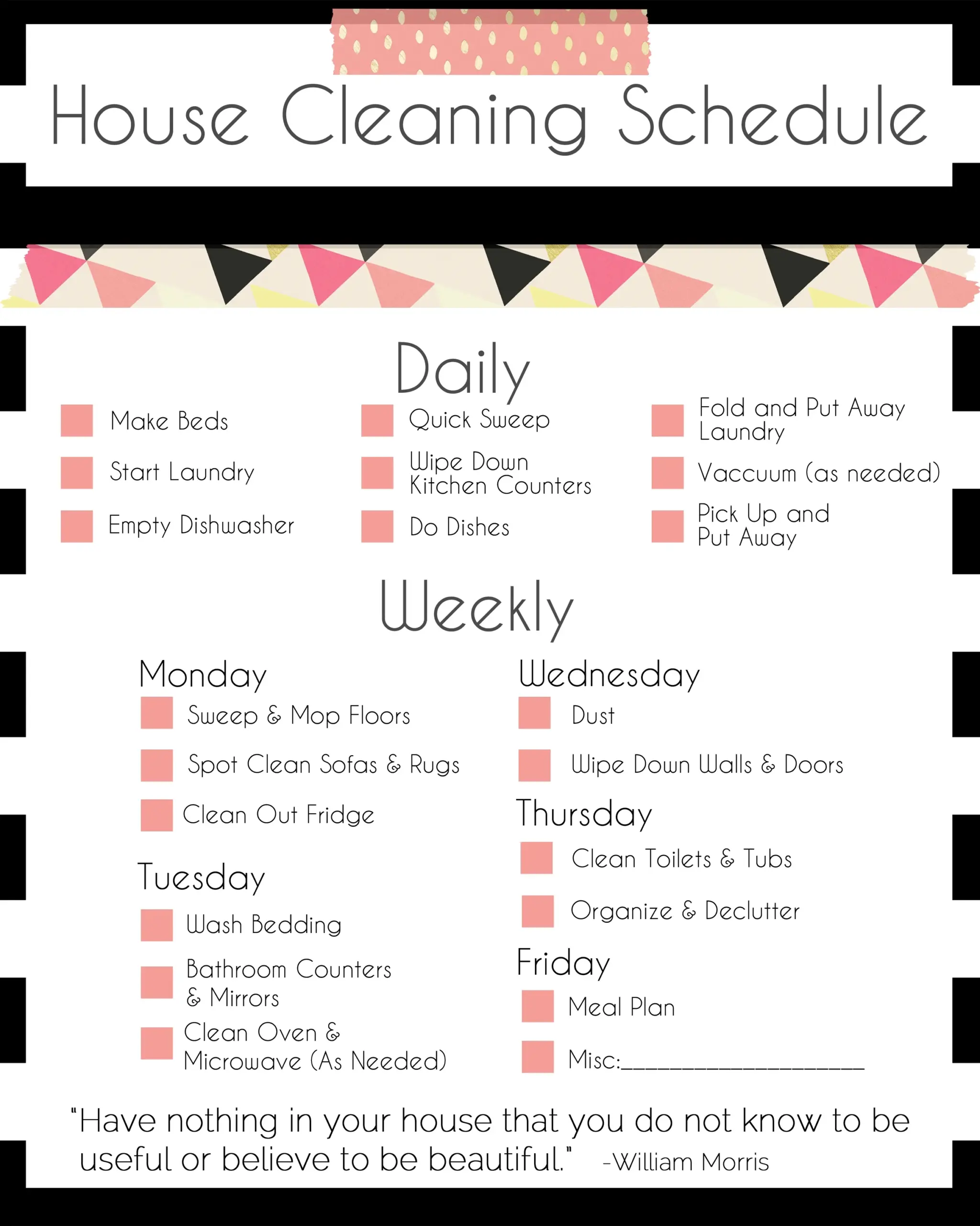 A Basic Cleaning Schedule Checklist Printable