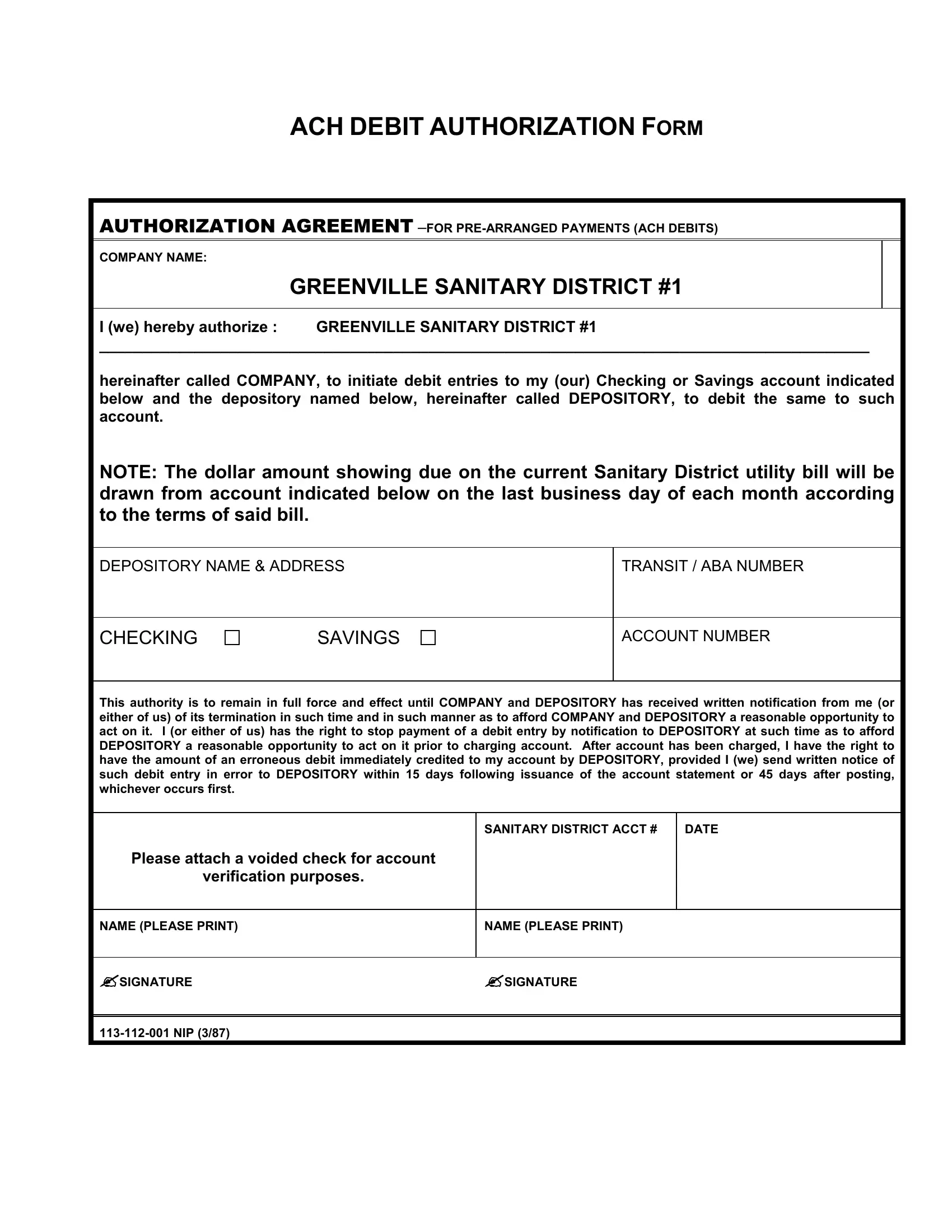 Printable Blank Ach Authorization Form Template