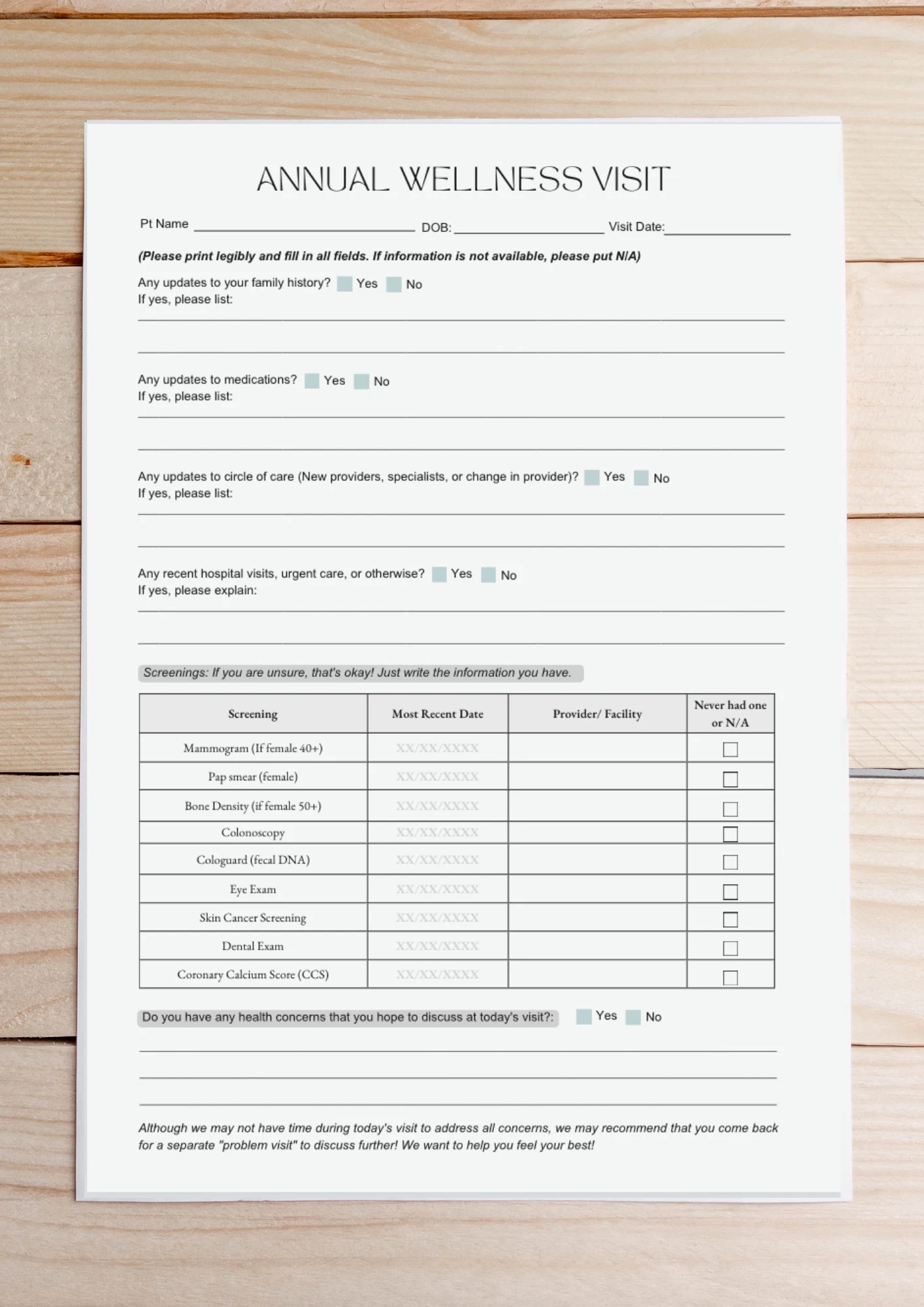Annual Wellness Intake Form Internal Medicine Primary Care Paperwork Template Canva Screening Checklist Etsy
