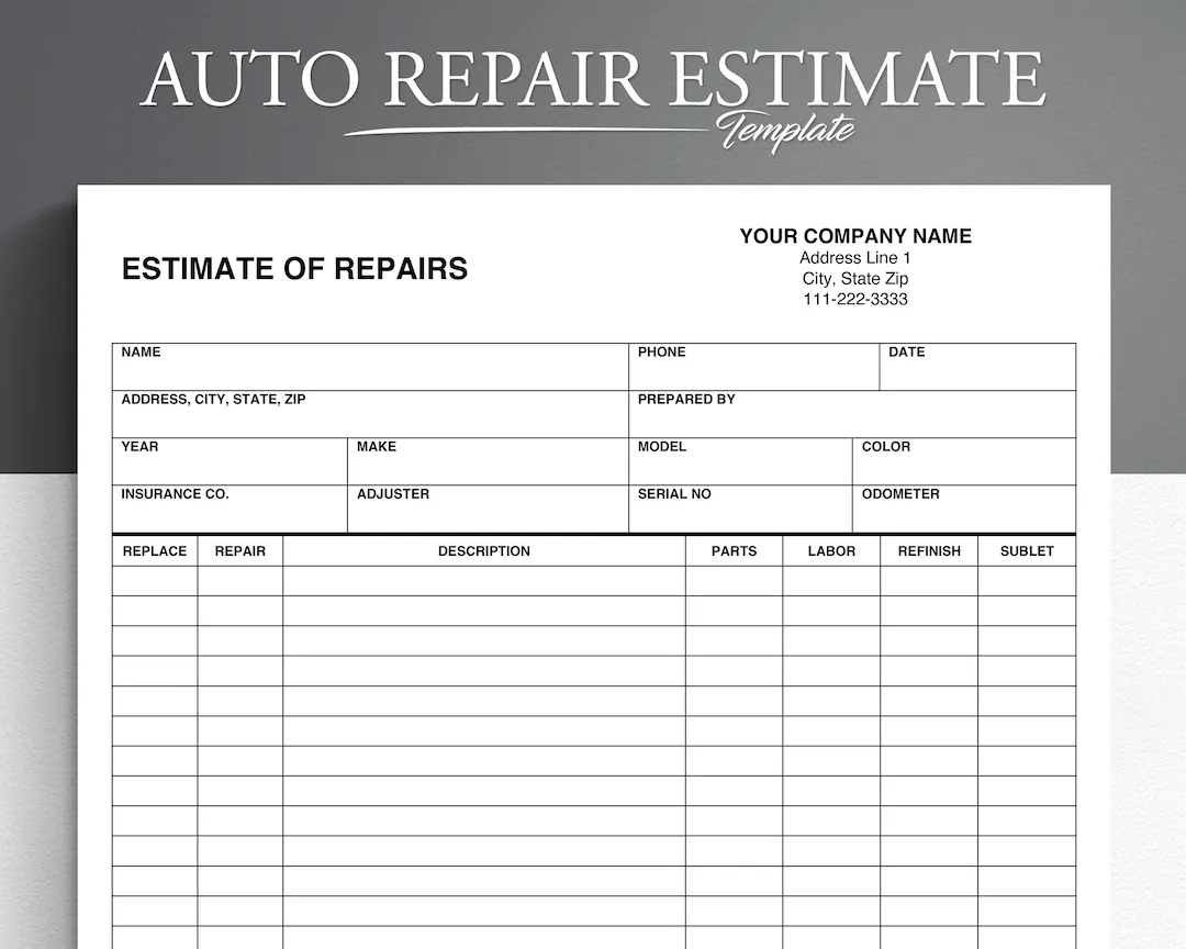 Printable Auto Repair Estimate Template Printable Auto Repair Estimate Template
