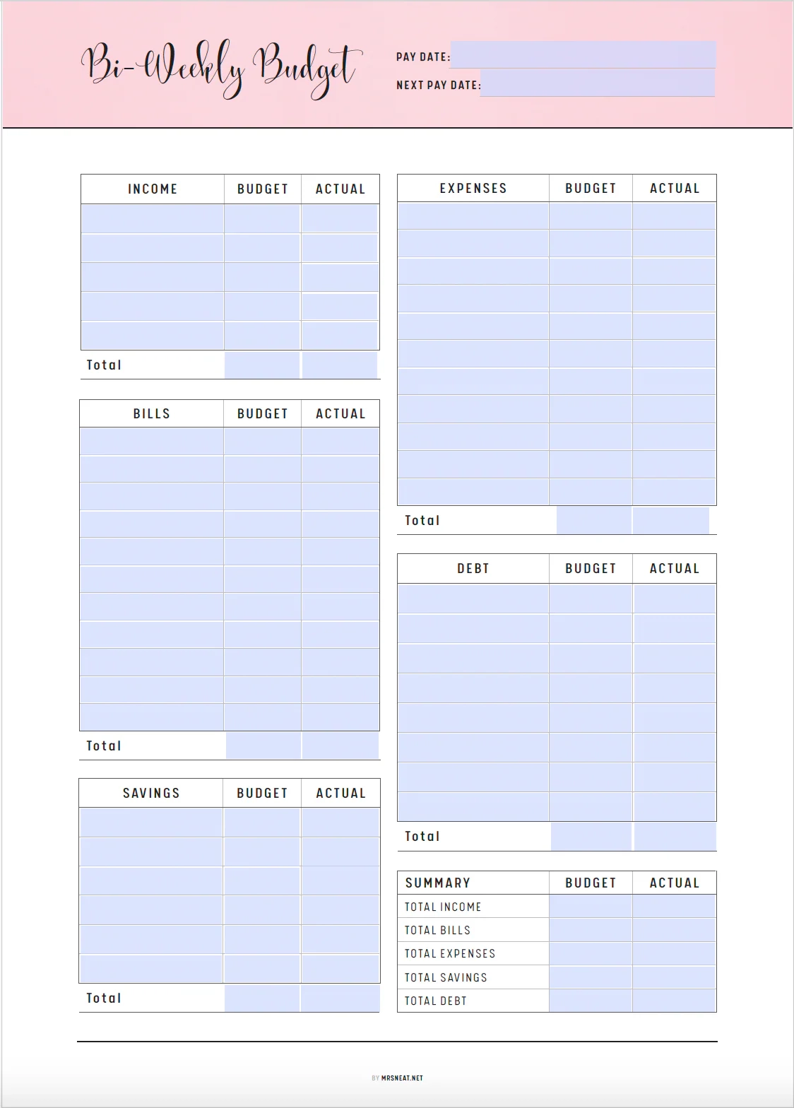 Bi Weekly Budget Template Printable M306 Mrsneat