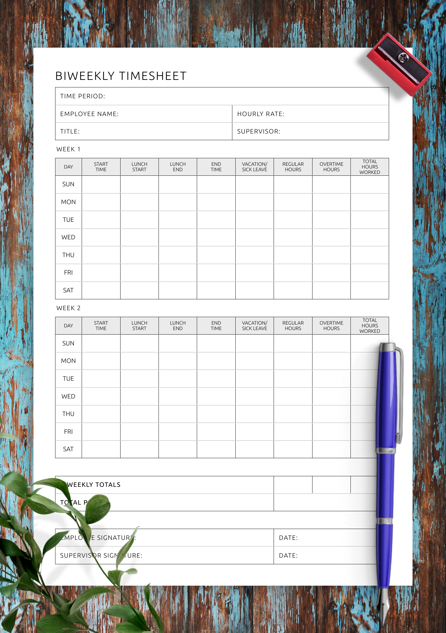 Biweekly Timesheet Template Digital Printable PDF Format