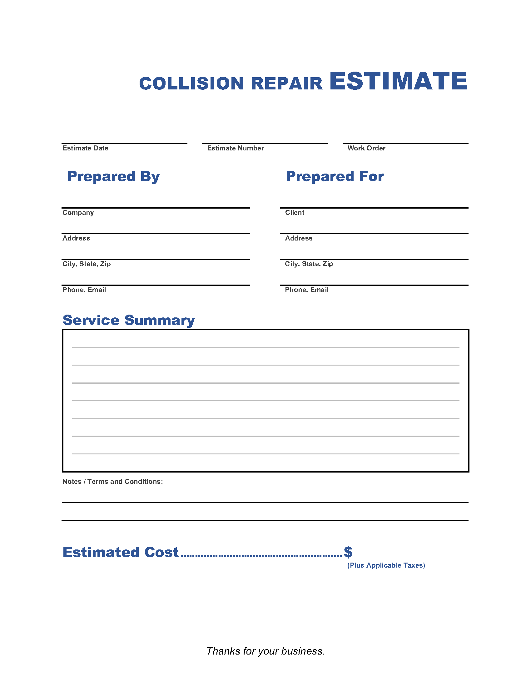 Free Printable Body Shop Estimate Template Free Printable Body Shop Estimate Template