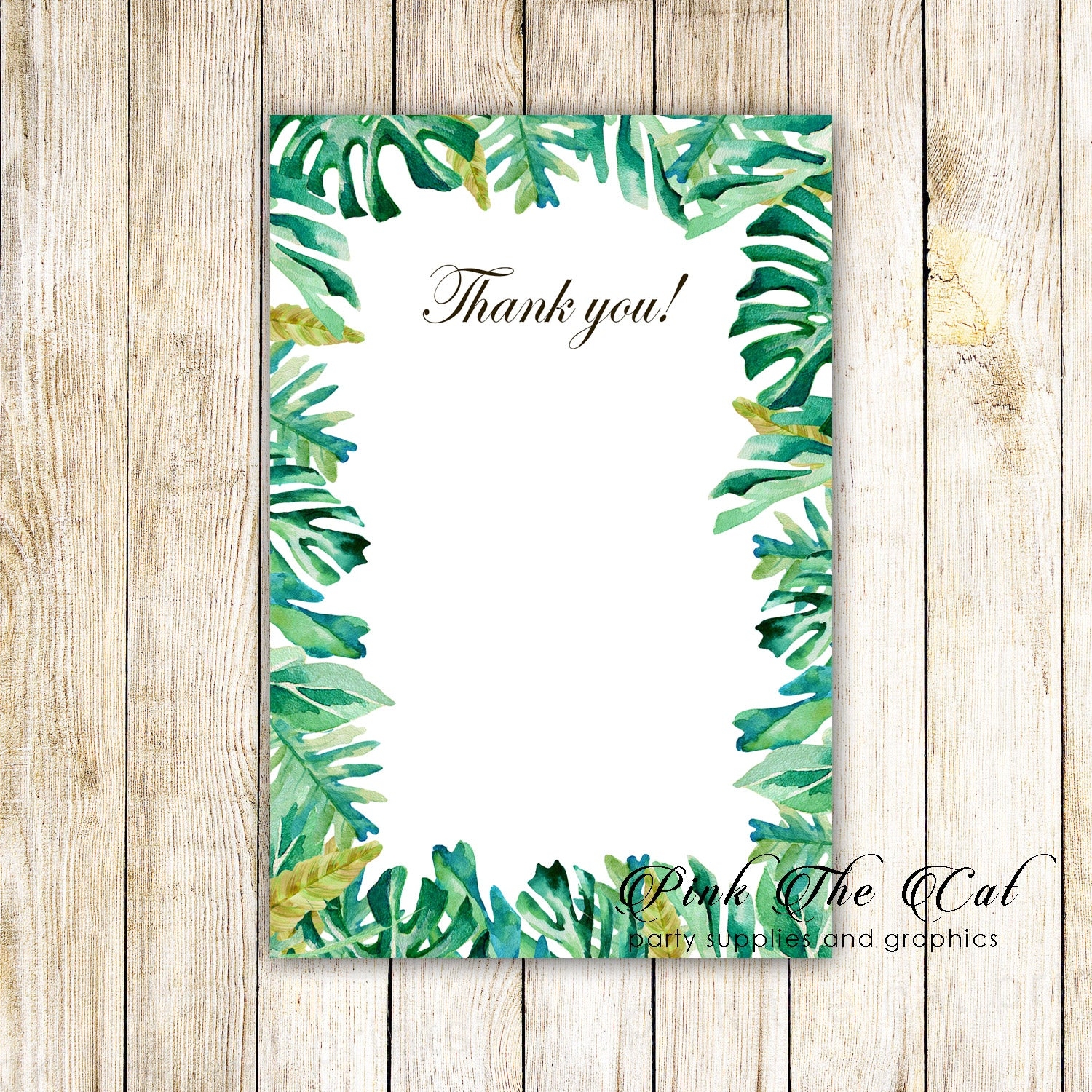 Botanical Tropical Leaves Watercolor Blank Thank You Card Printable Pink The Cat
