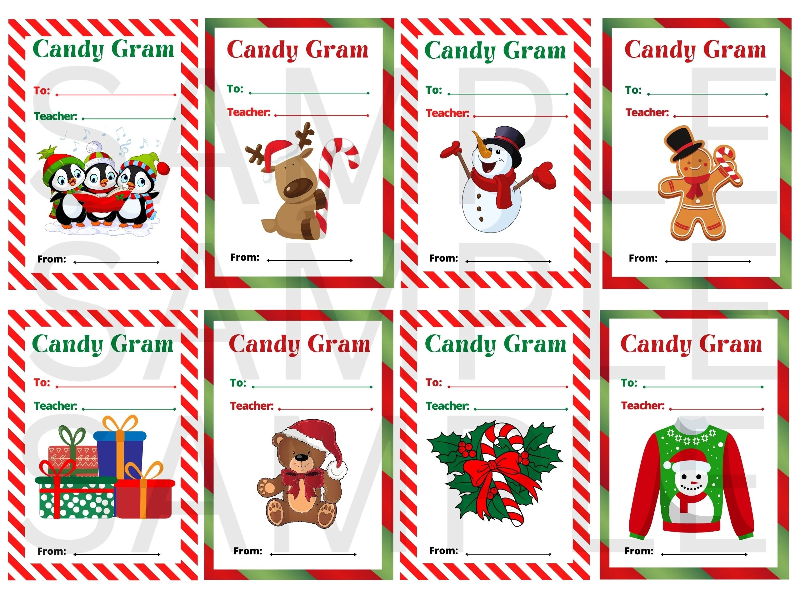 Candy Grams Christmas Candy Cane Gift School PTA PTSA Fundraiser 8 Printable Tags On A Page In Color Etsy