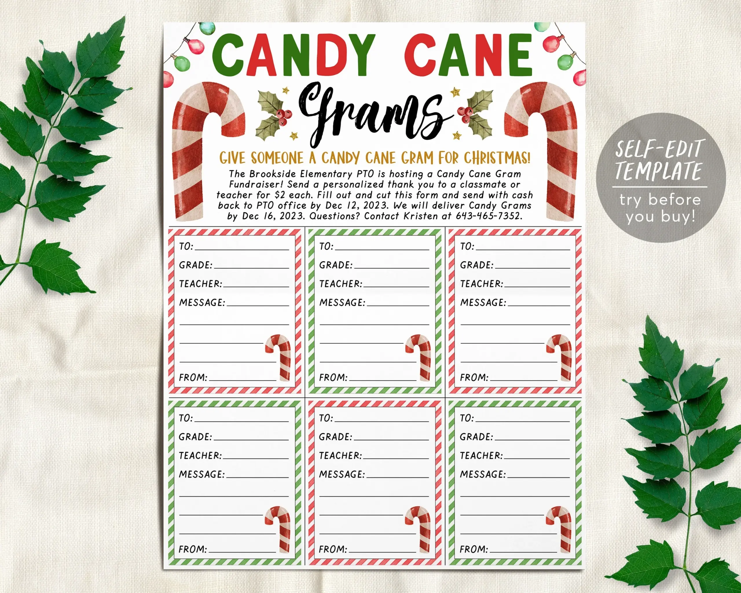 Christmas Candy Cane Gram Flyer Editable Template Holiday Candy Gram Puff Paper Co