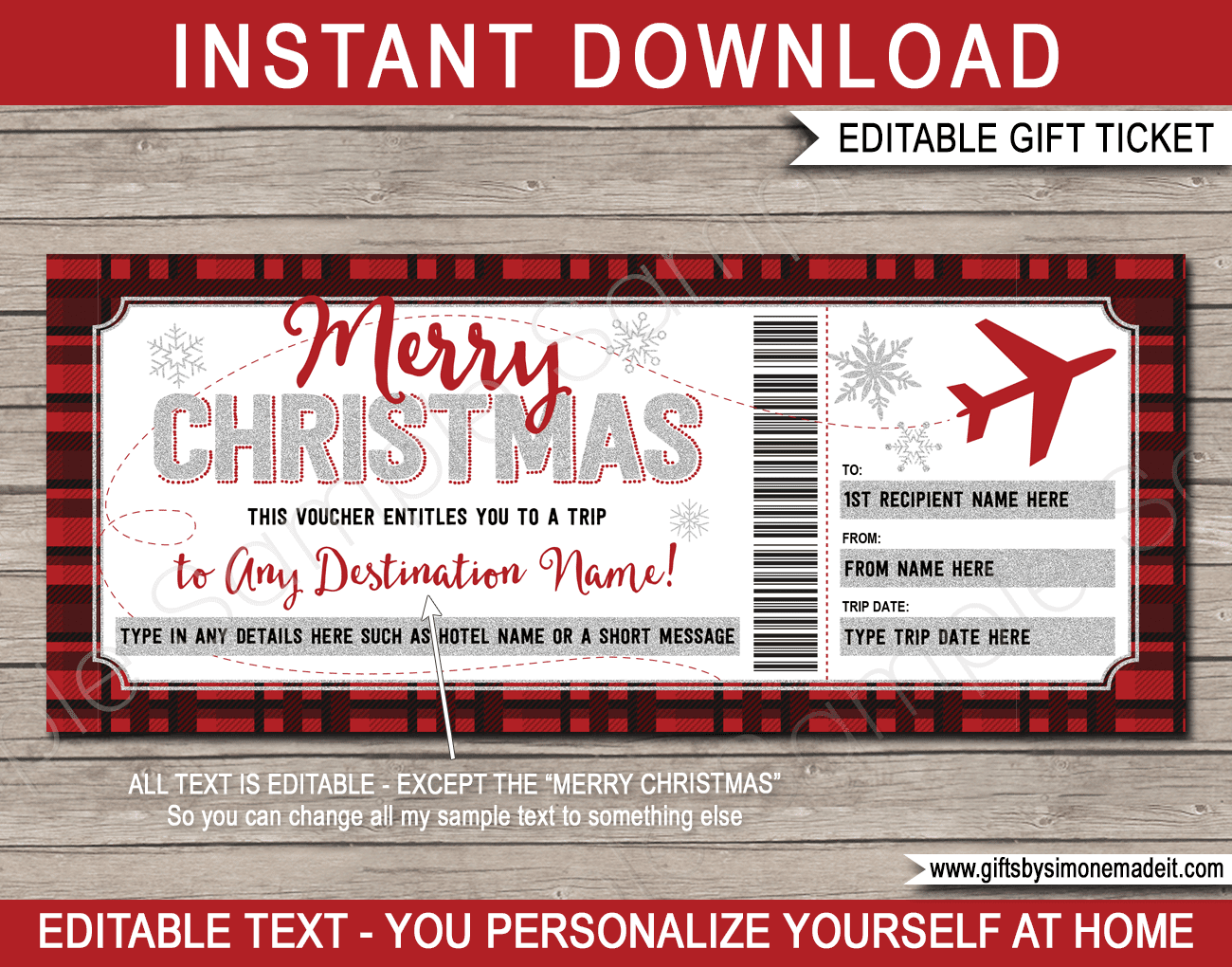 Christmas Flight Voucher Template Buffalo Plaid Gift Certificate