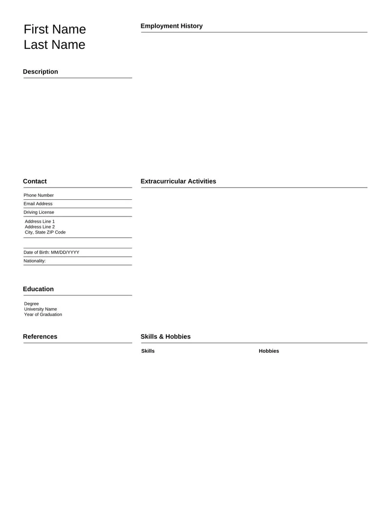 Printable Fillable Blank Resume Template