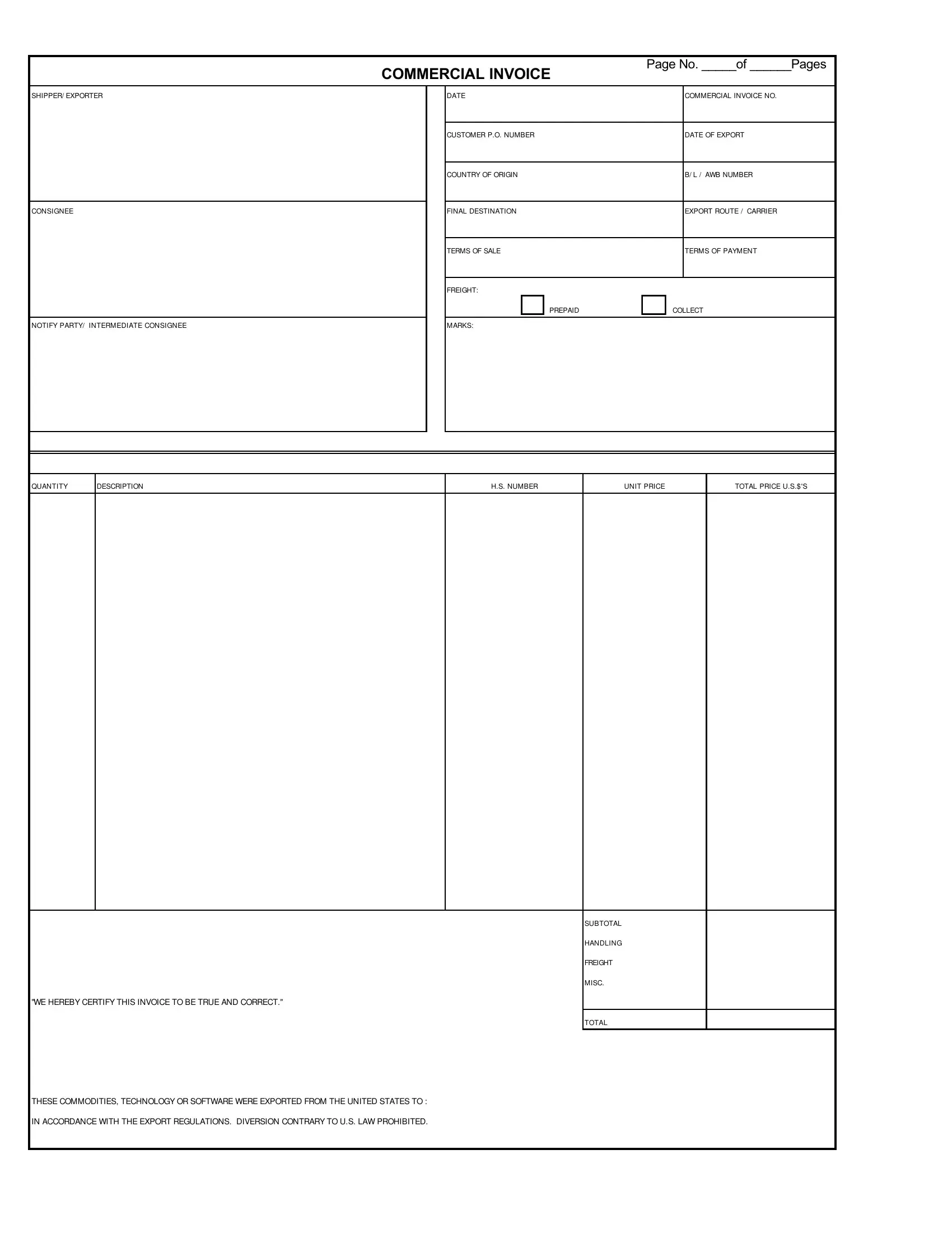 Commercial Invoice Blank Form Fill Out Printable PDF
