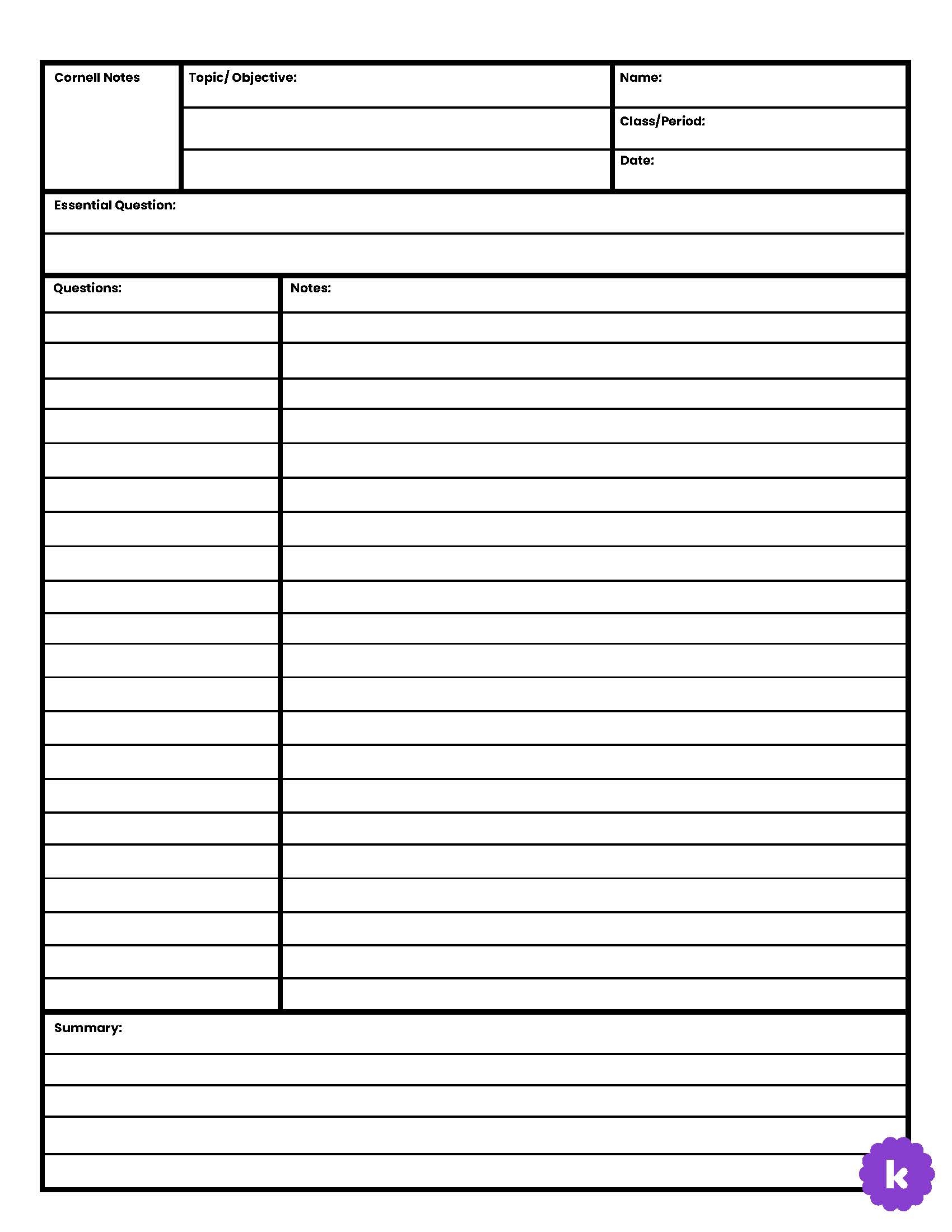 Cornell Notes Lined For Teachers Perfect For Grades 10th 11th 12th 1st 2nd 3rd 4th 5th 6th 7th 8th 9th English Language Arts And Science Classroom Resources Kami Library