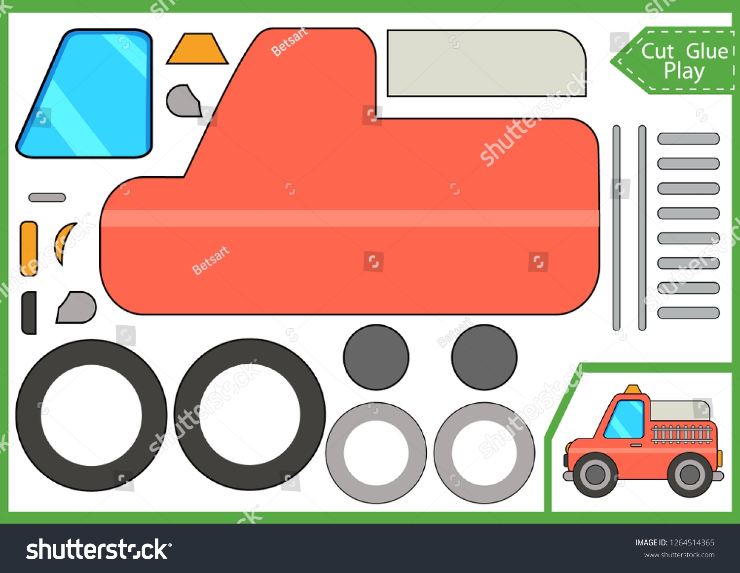 Cut Glue Paper Fire Truck Worksheet Stock Vector Royalty Free 1264514365 Shutterstock