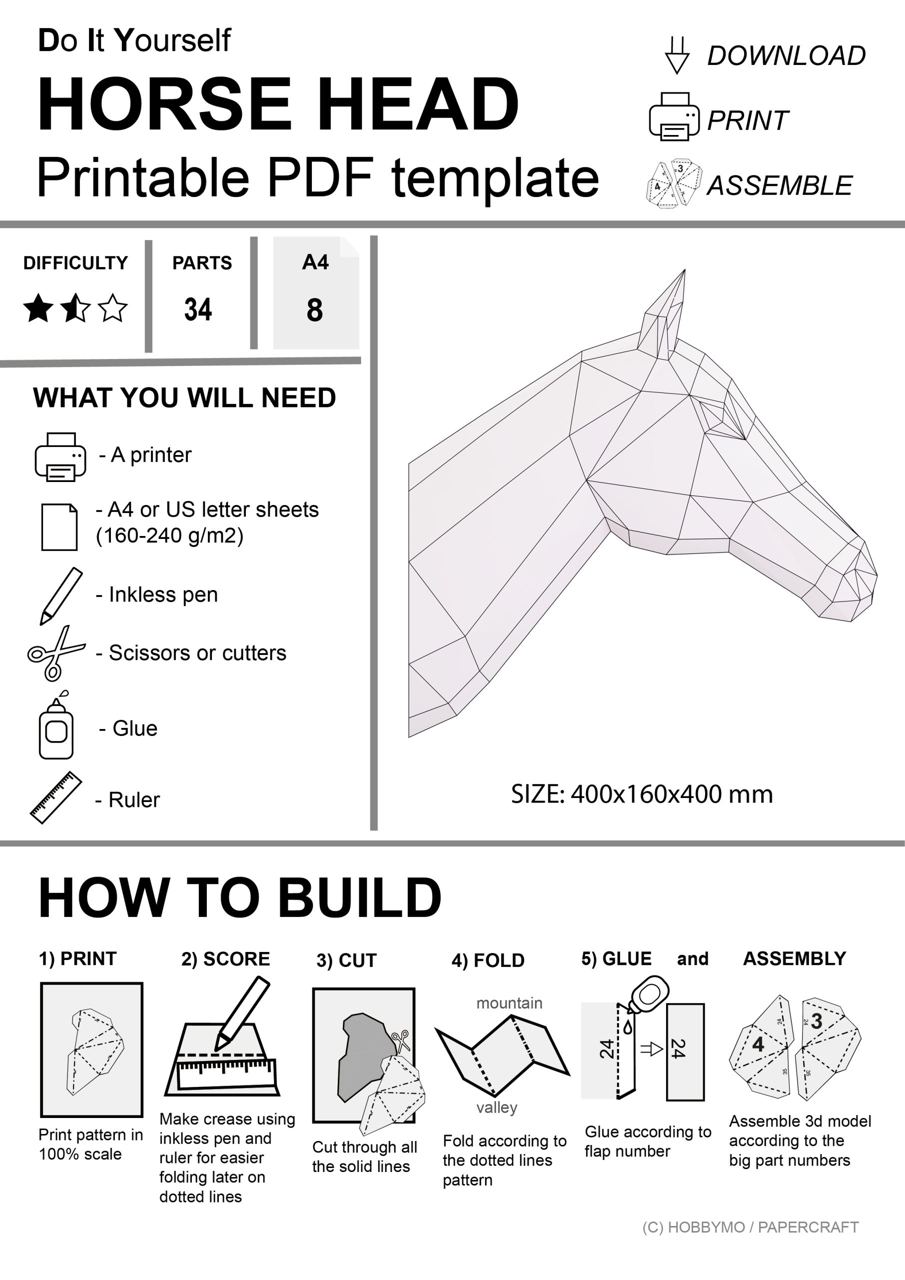 DIY Horse Trophy printable Pdf Template Papercraft Animals Paper Sculpture 3D Origami Paper Model Crealandia DIY Horse Trophy printable Pdf Template Papercraft Animals Paper Sculpture 3D Origami Paper Model Crealandia