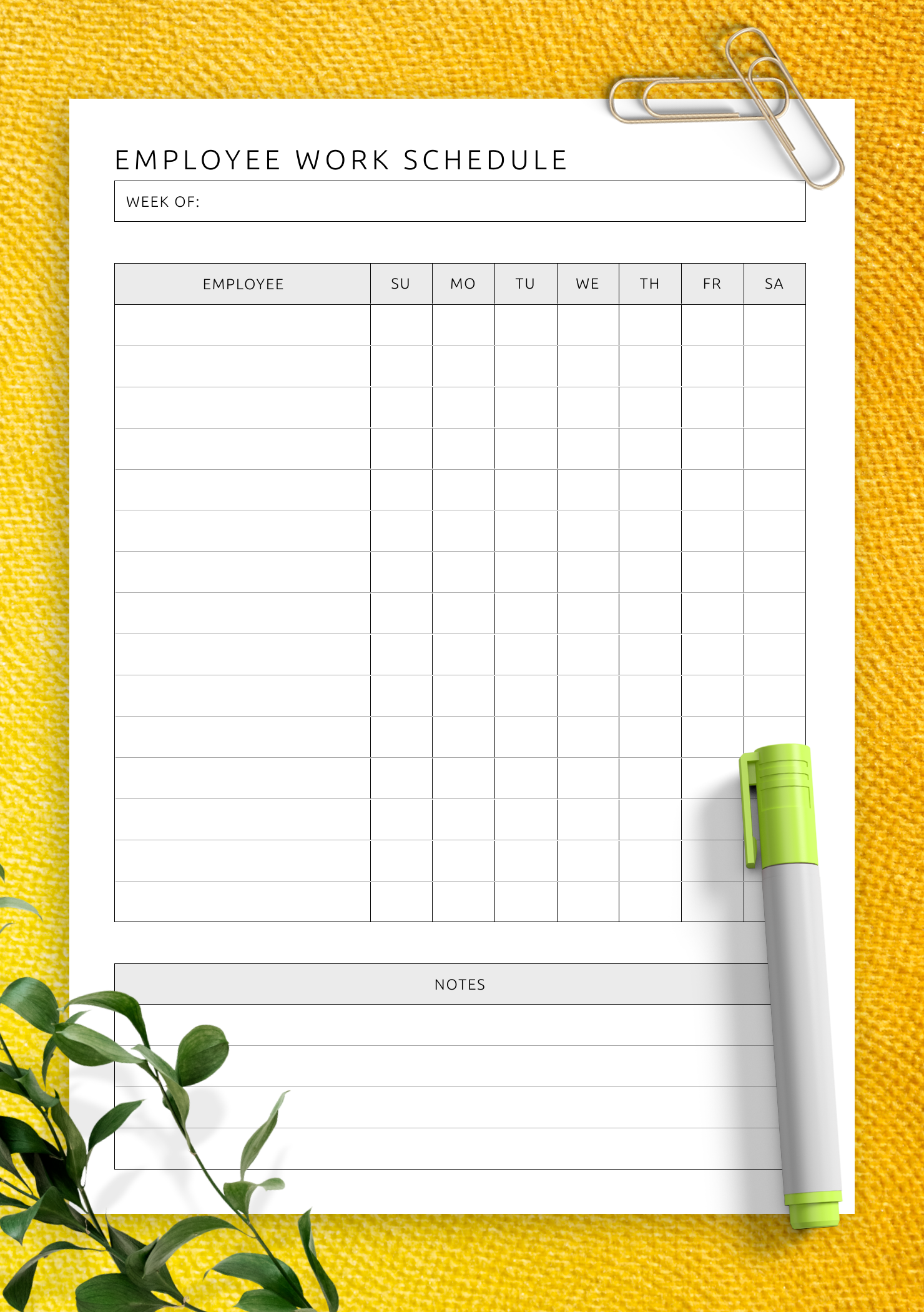 Printable Employee Work Schedule Template