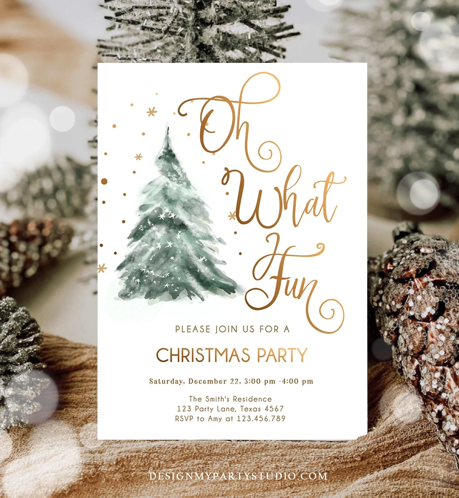 Editable Christmas Party Invitation Winter Tree Oh What Fun Holiday Pa Design My Party Studio