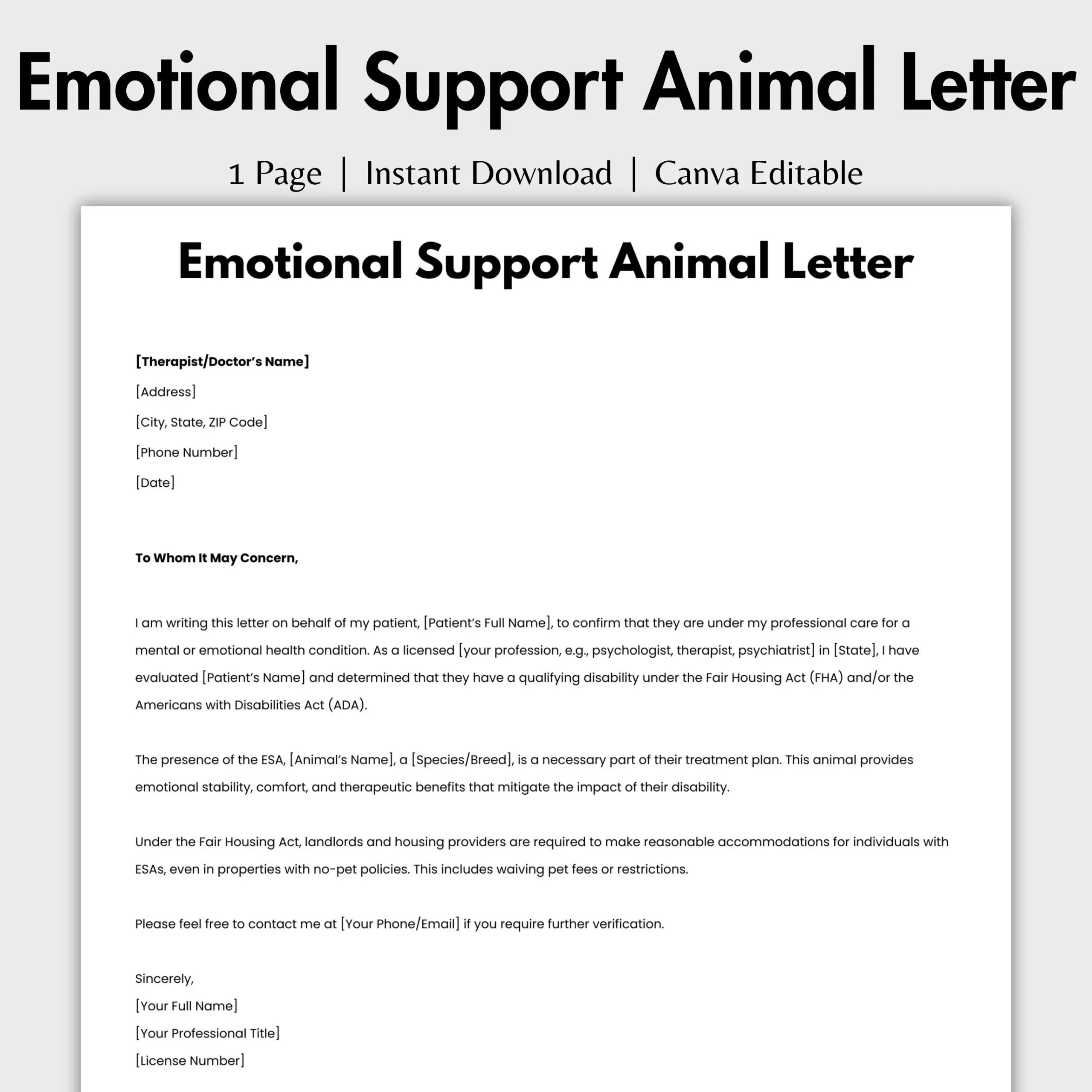 Editable Emotional Support Animal Letter Printable ESA Letter Template Service Animal SOAP Notes Therapy Dap Note Therapist Note Etsy