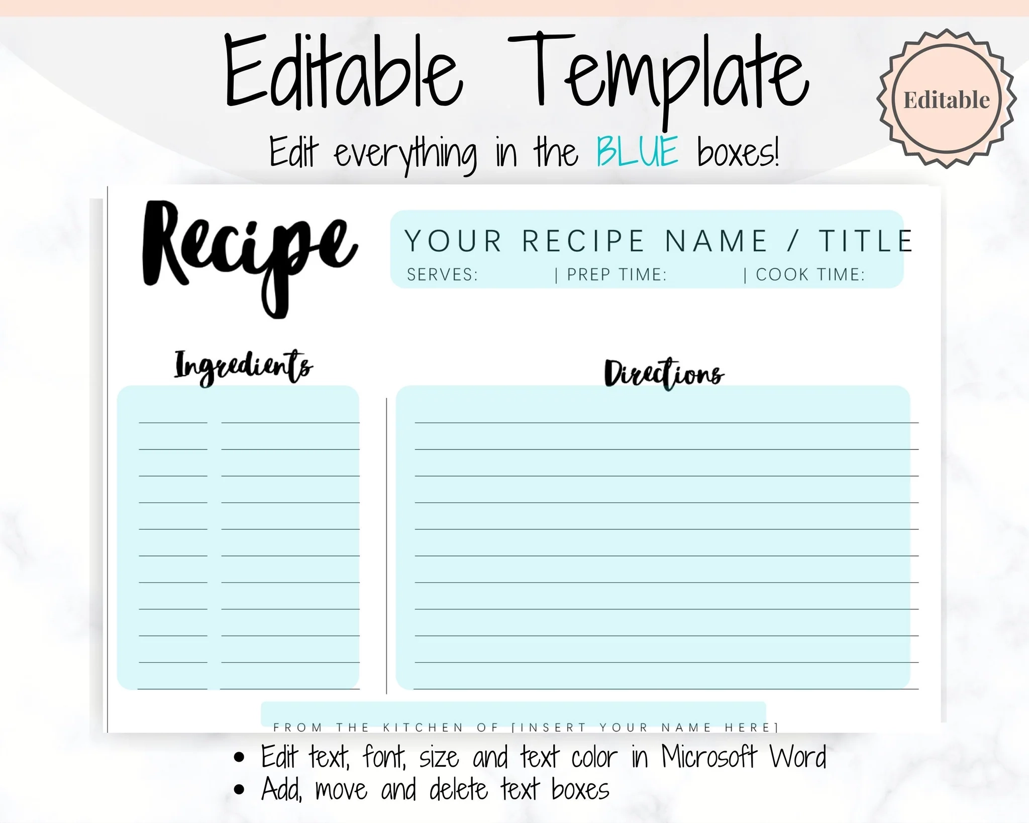 EDITABLE Recipe Card Template Printable Style 2