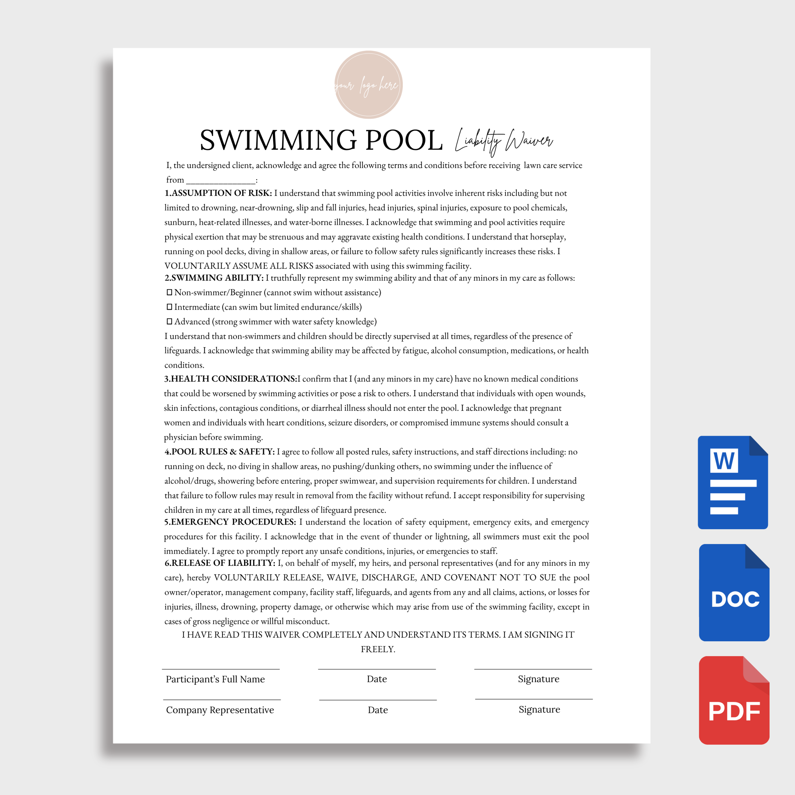 Editable Simple Swimming Pool Liability Waiver Editable Simple Swimming Pool Liability Waiver