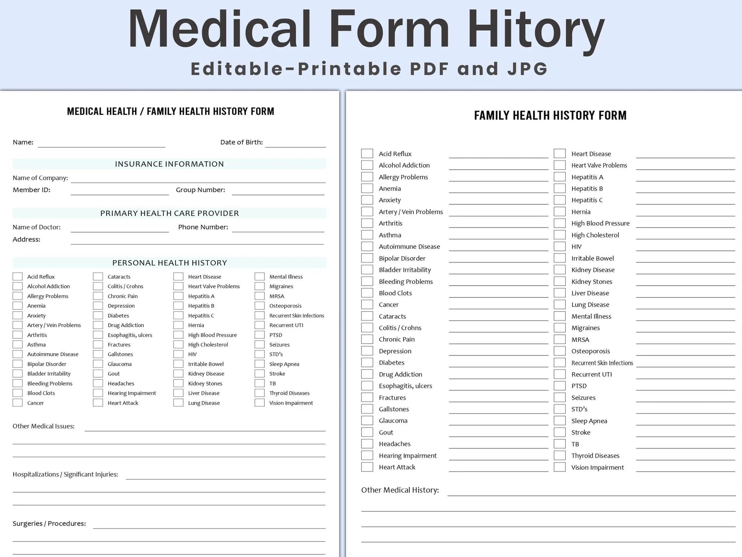 General Printable Medical History Form Template