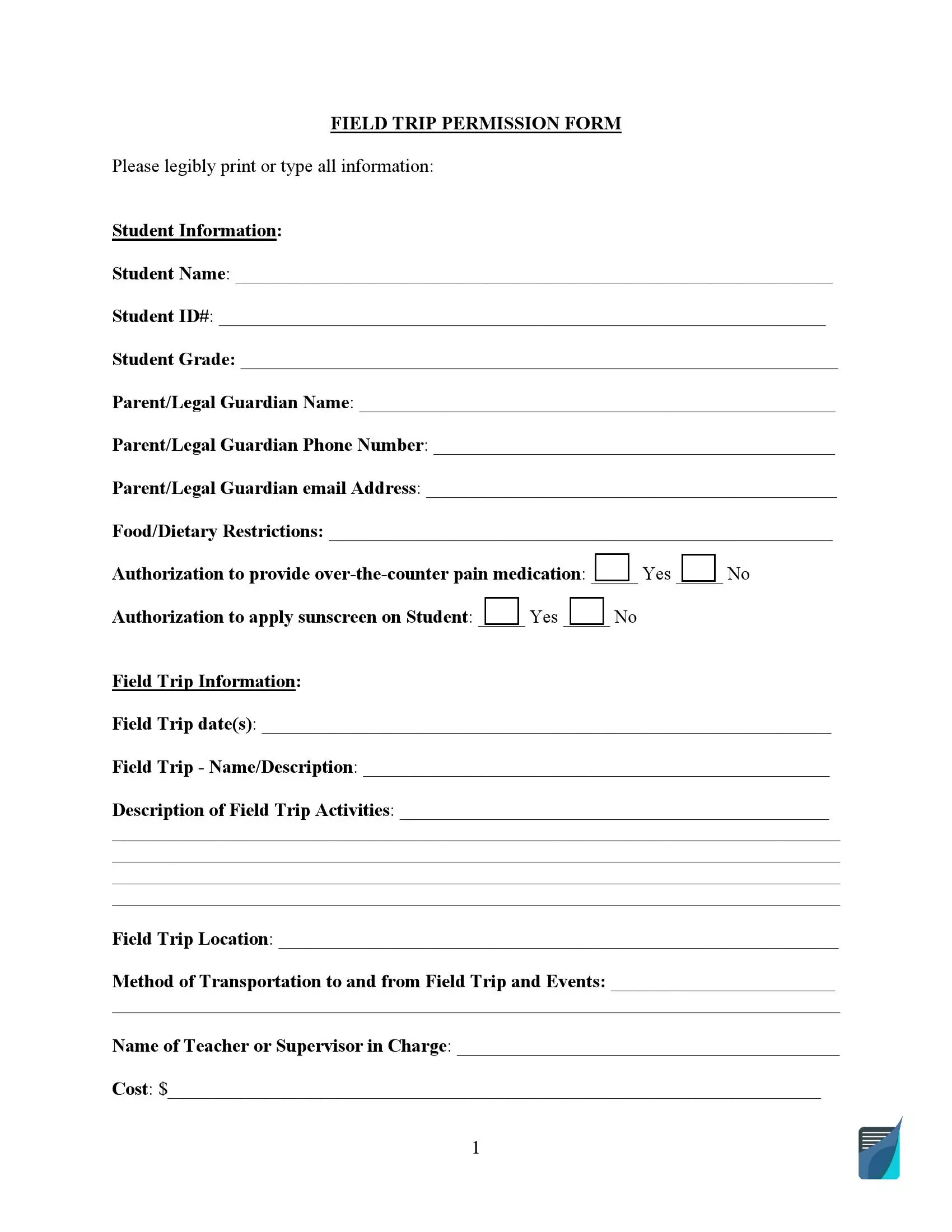Field Trip Permission Slip Form Fillable And Printable Template 
