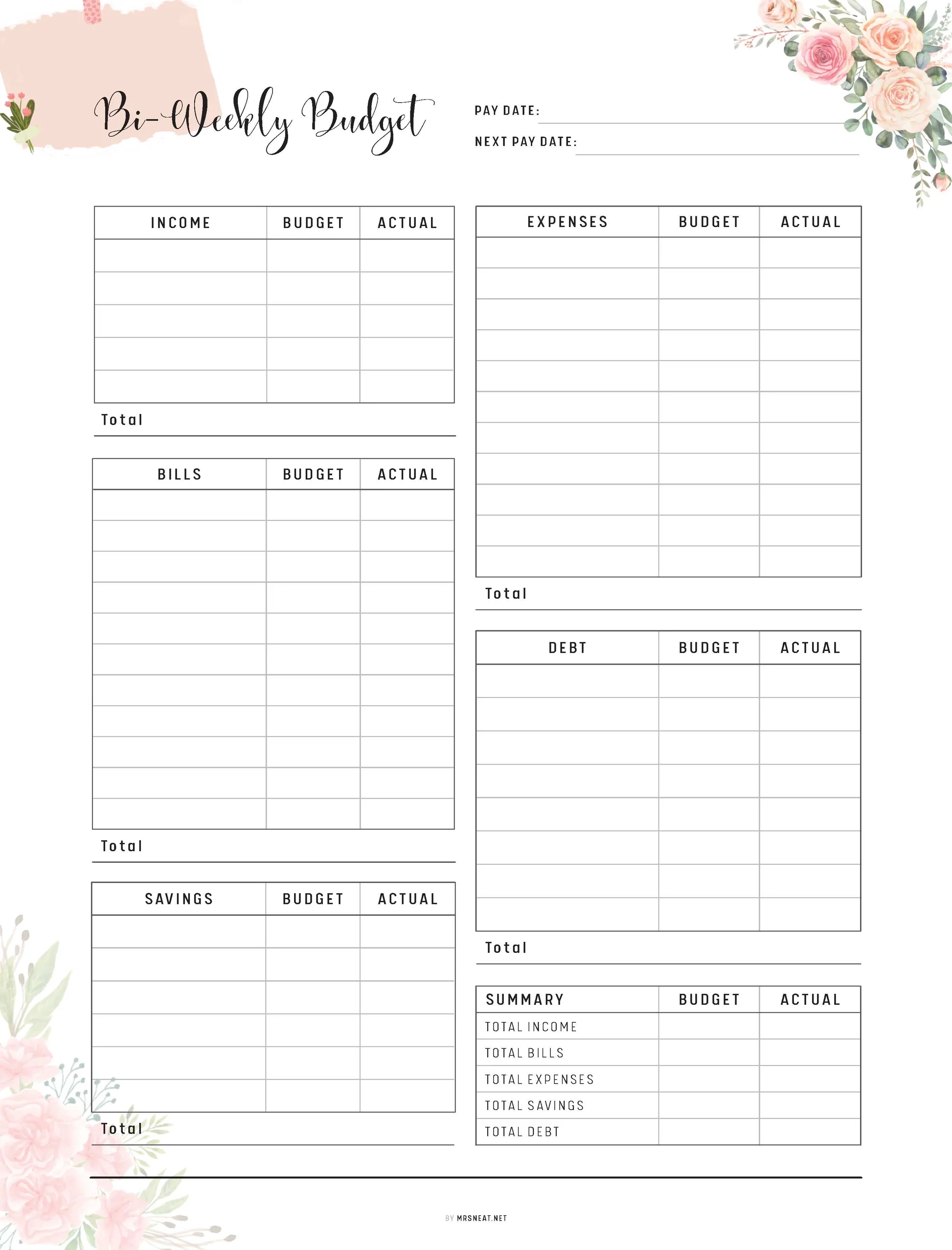 Floral Bi Weekly Budget Template PRINTABLE M307 Mrsneat