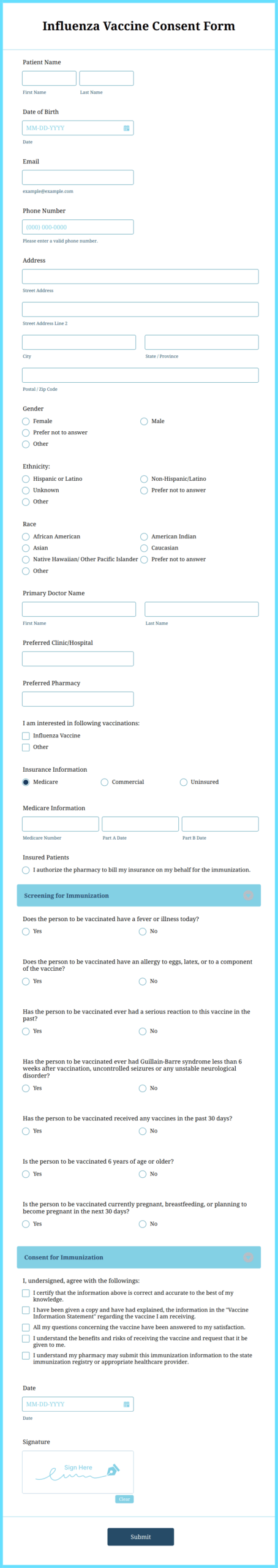 Printable Flu Vaccine Consent Form Template