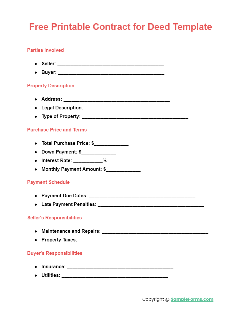 Free Printable Contract For Deed Template