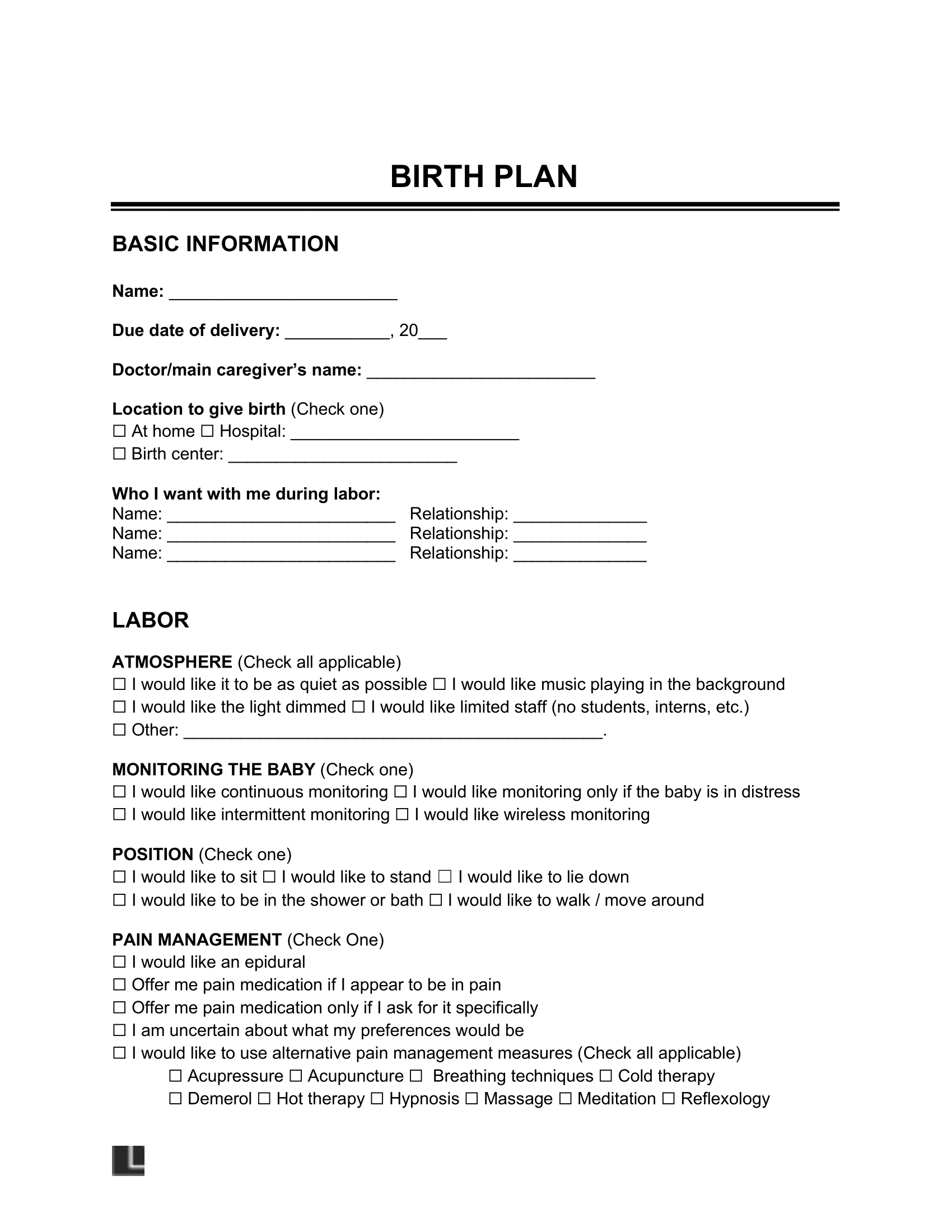 Printable Birth Plan Template Free Printable Birth Plan Template Free
