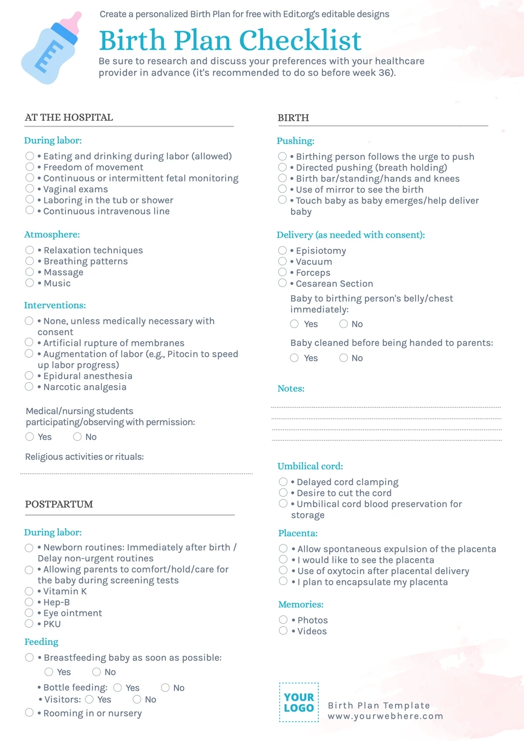 Free Birth Plan Templates Free Birth Plan Templates