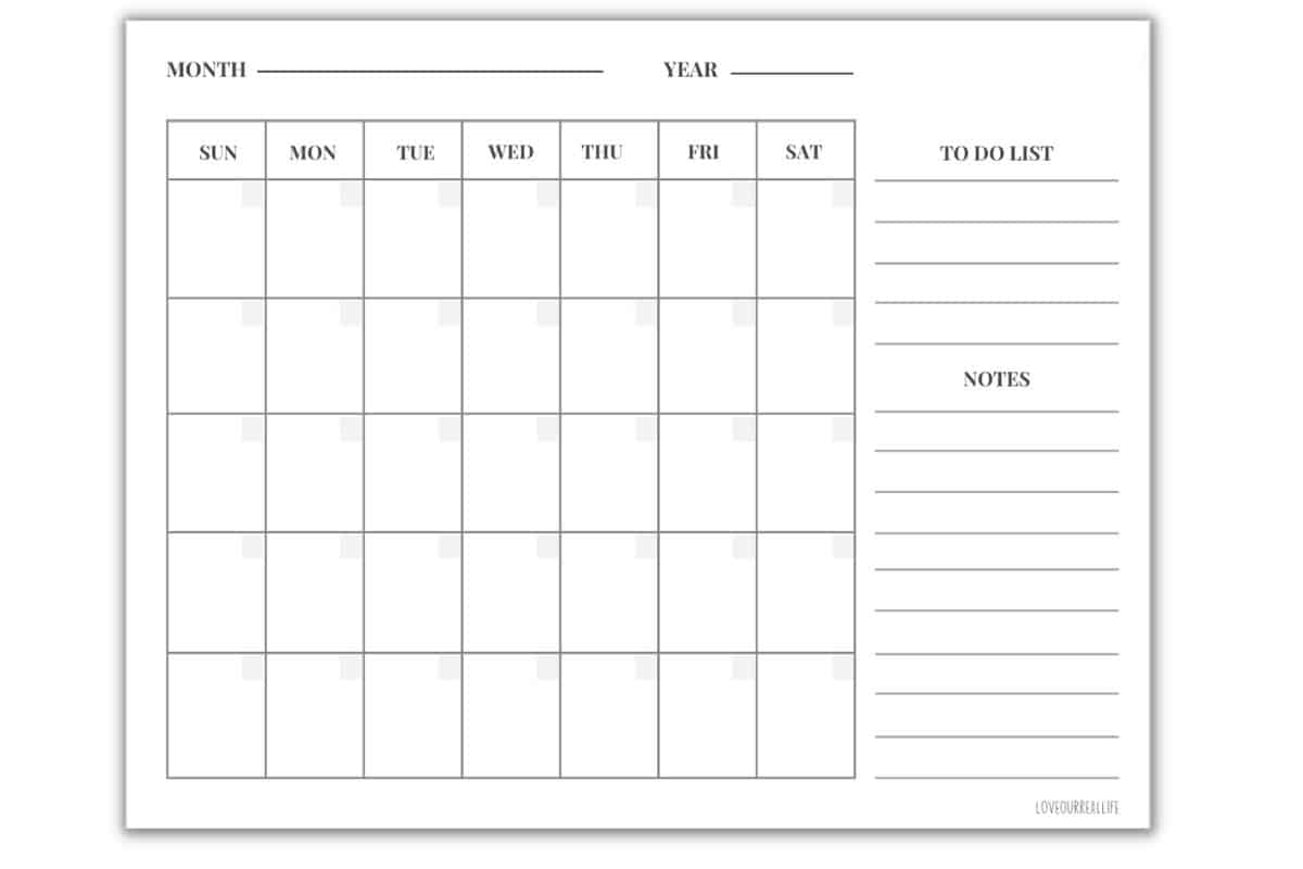 Month Template Printable Monthly Calendar