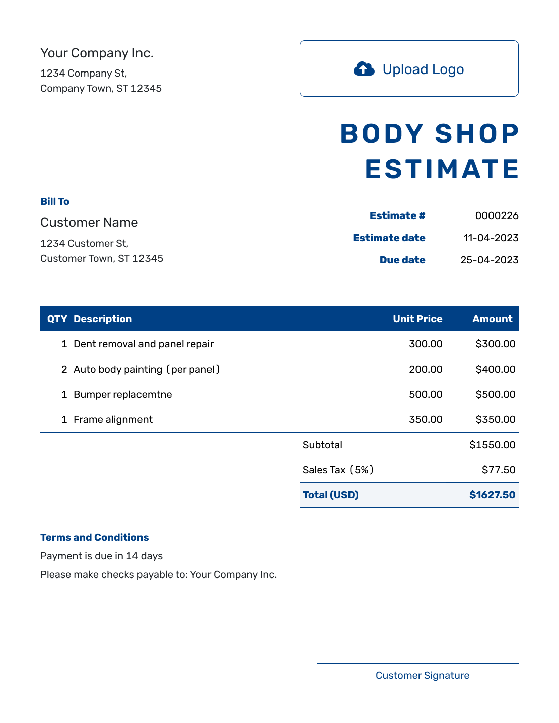 Free Body Shop Estimate Template Docelf