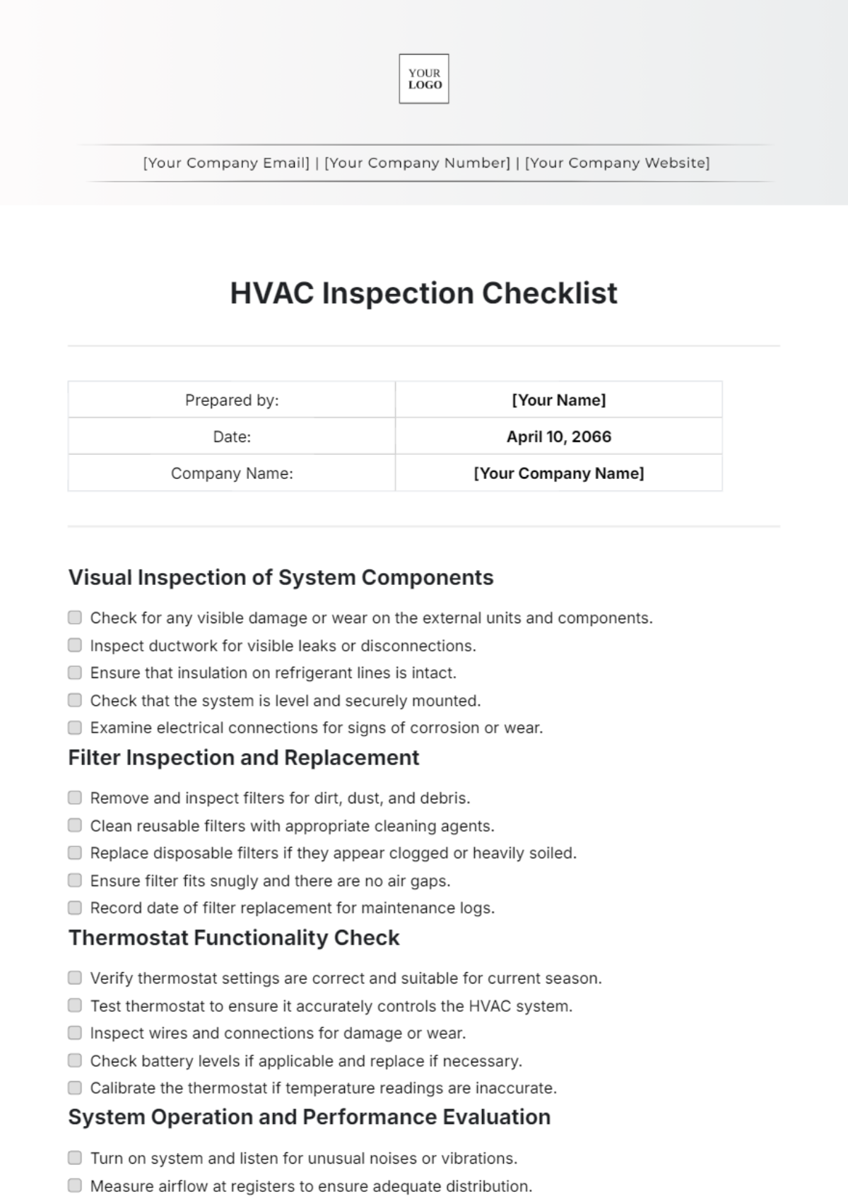 Free HVAC Inspection Checklist Template To Edit Online