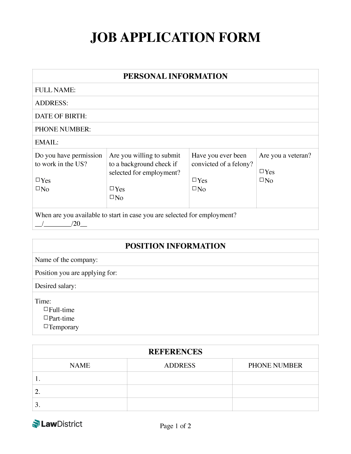 Free Printable Employment Application Template