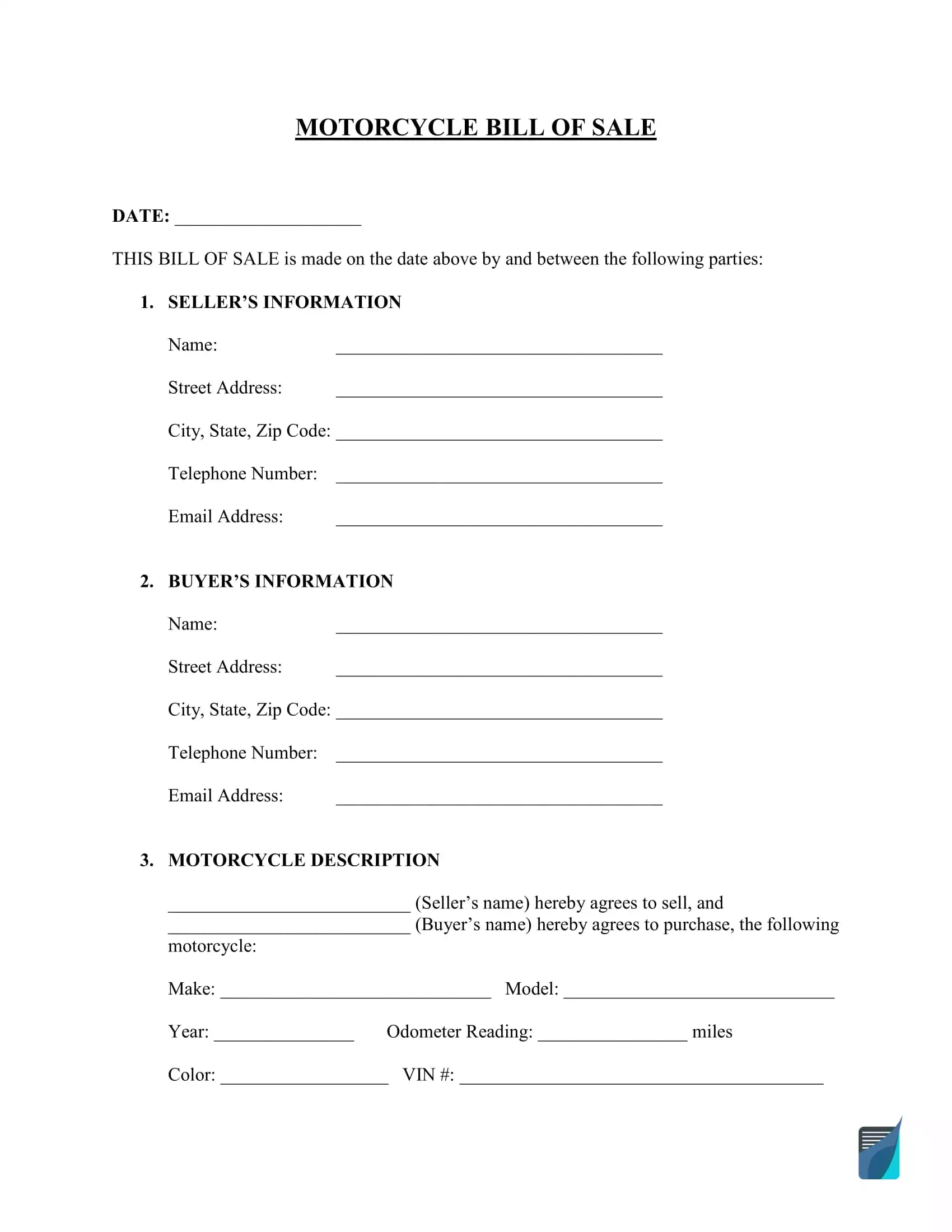 Free Motorcycle Bill Of Sale Form PDF Template FormsPal