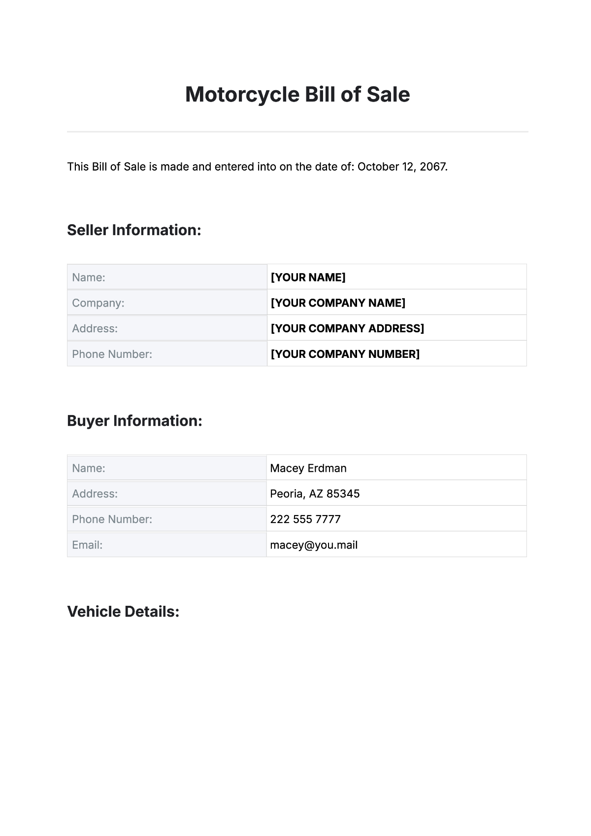 Printable Motorcycle Bill Of Sale Template